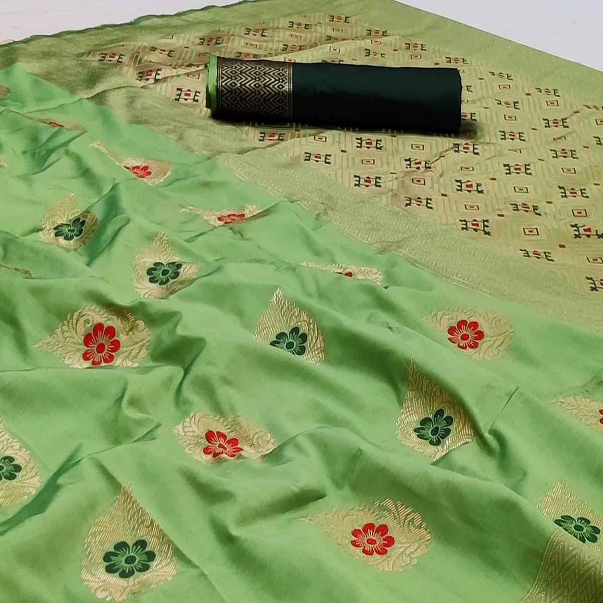 Pista Green Festive Wear Floral Woven Soft Silk Banarasi Saree - Peachmode