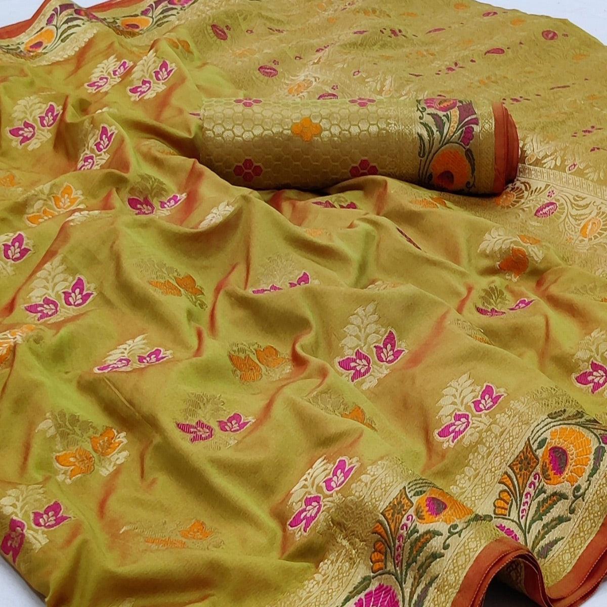 Pista Green Festive Wear Floral Woven Soft Silk Saree - Peachmode