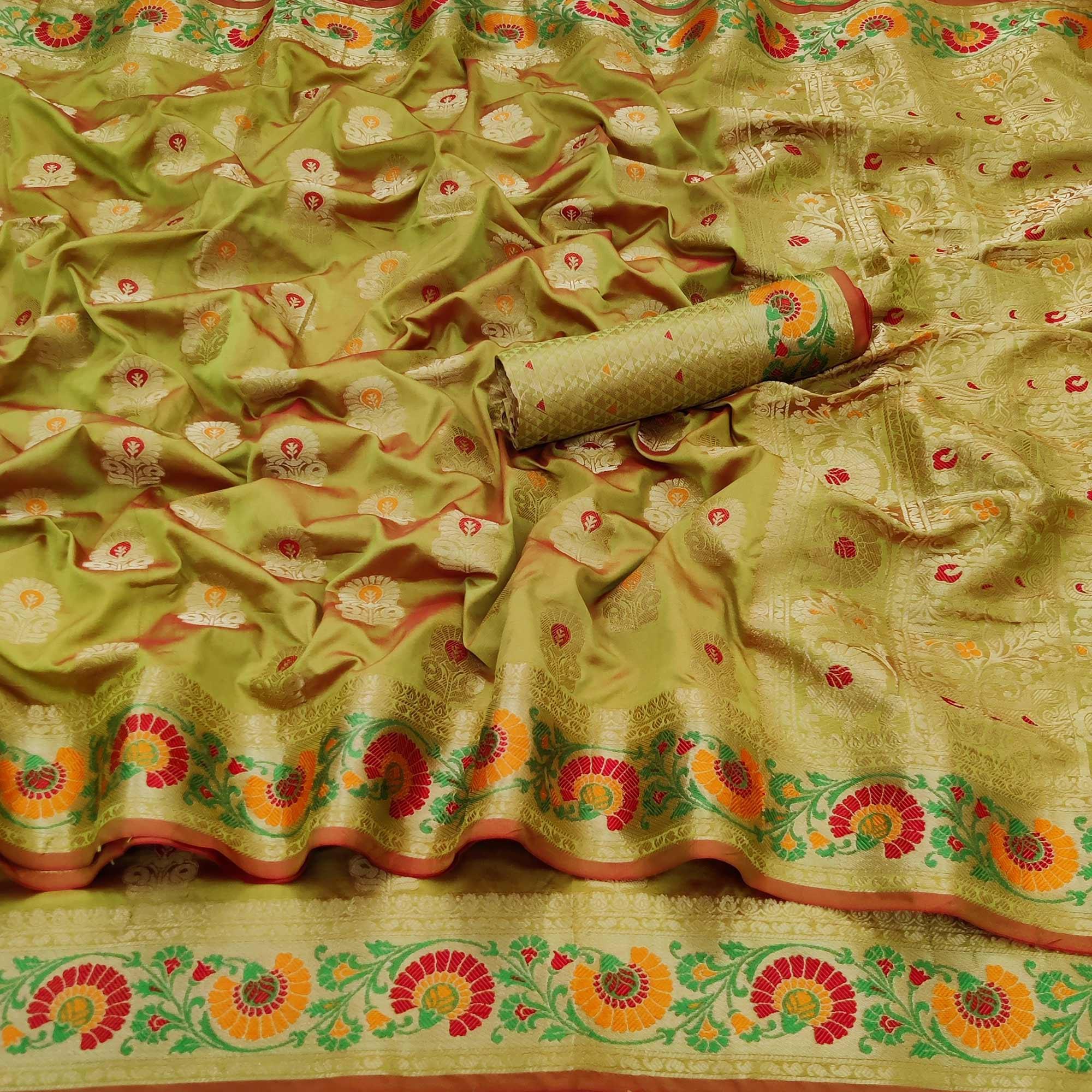 Pista Green Festive Wear Floral Woven Soft Silk Saree - Peachmode