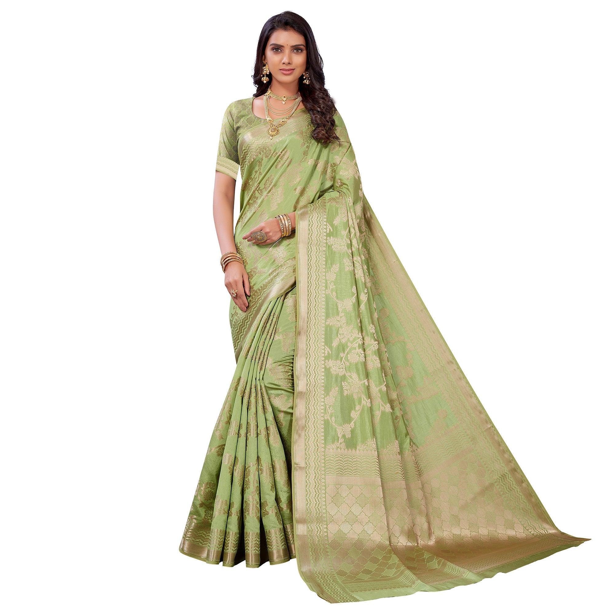 Pista Green Festive Wear Woven Art Silk Saree - Peachmode