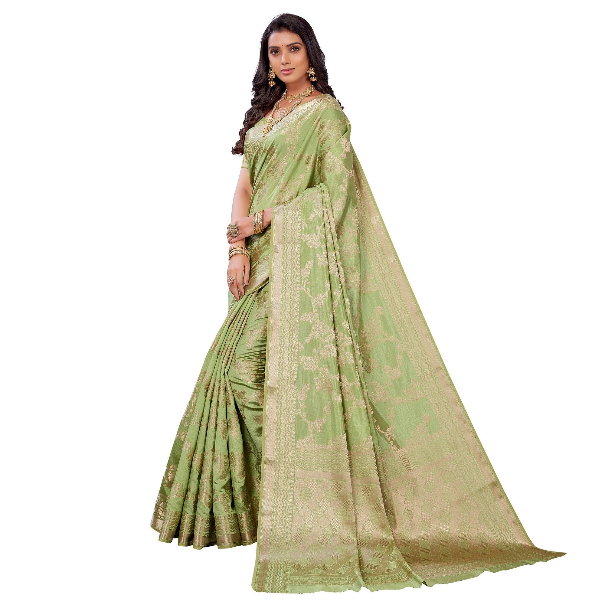 Pista Green Festive Wear Woven Art Silk Saree - Peachmode