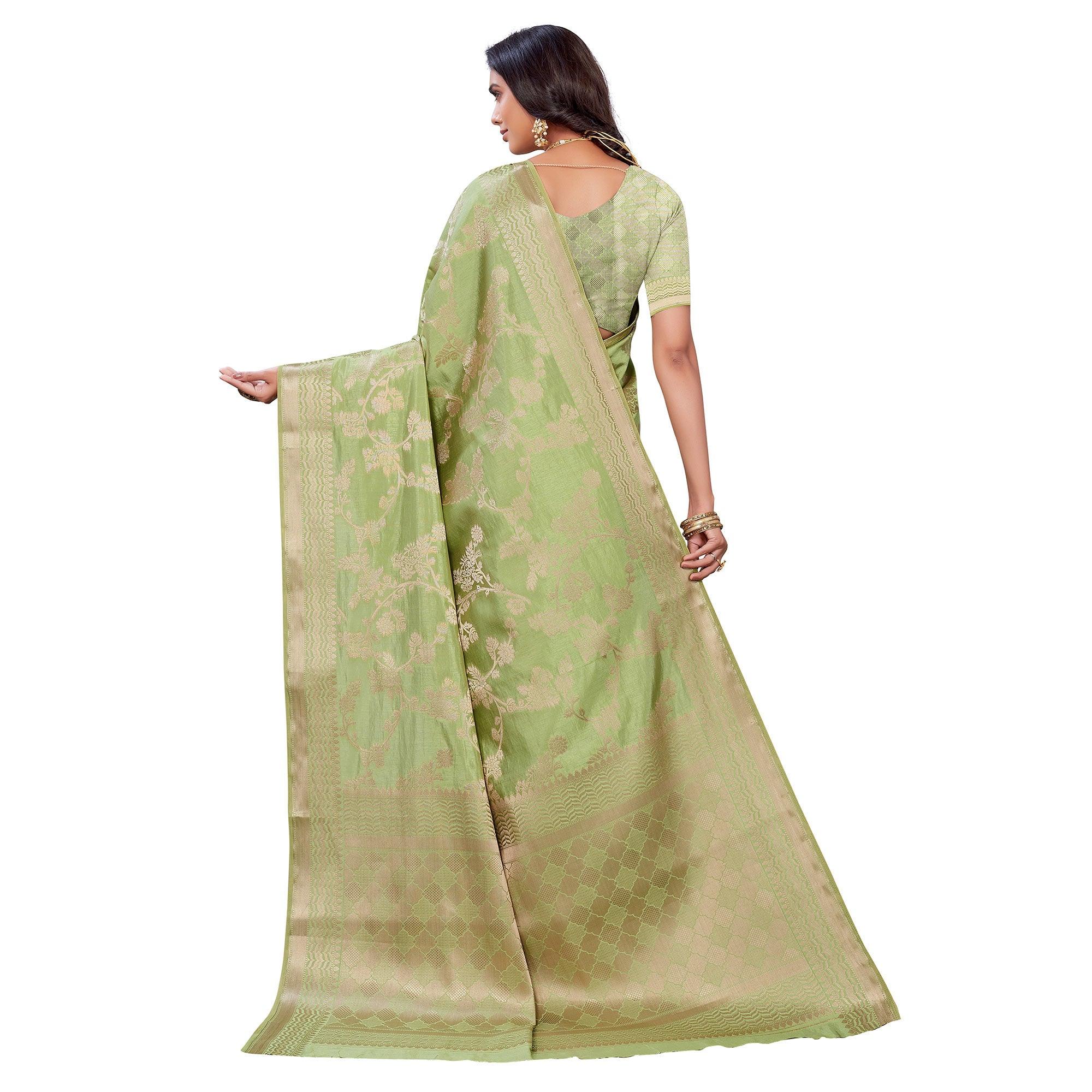 Pista Green Festive Wear Woven Art Silk Saree - Peachmode