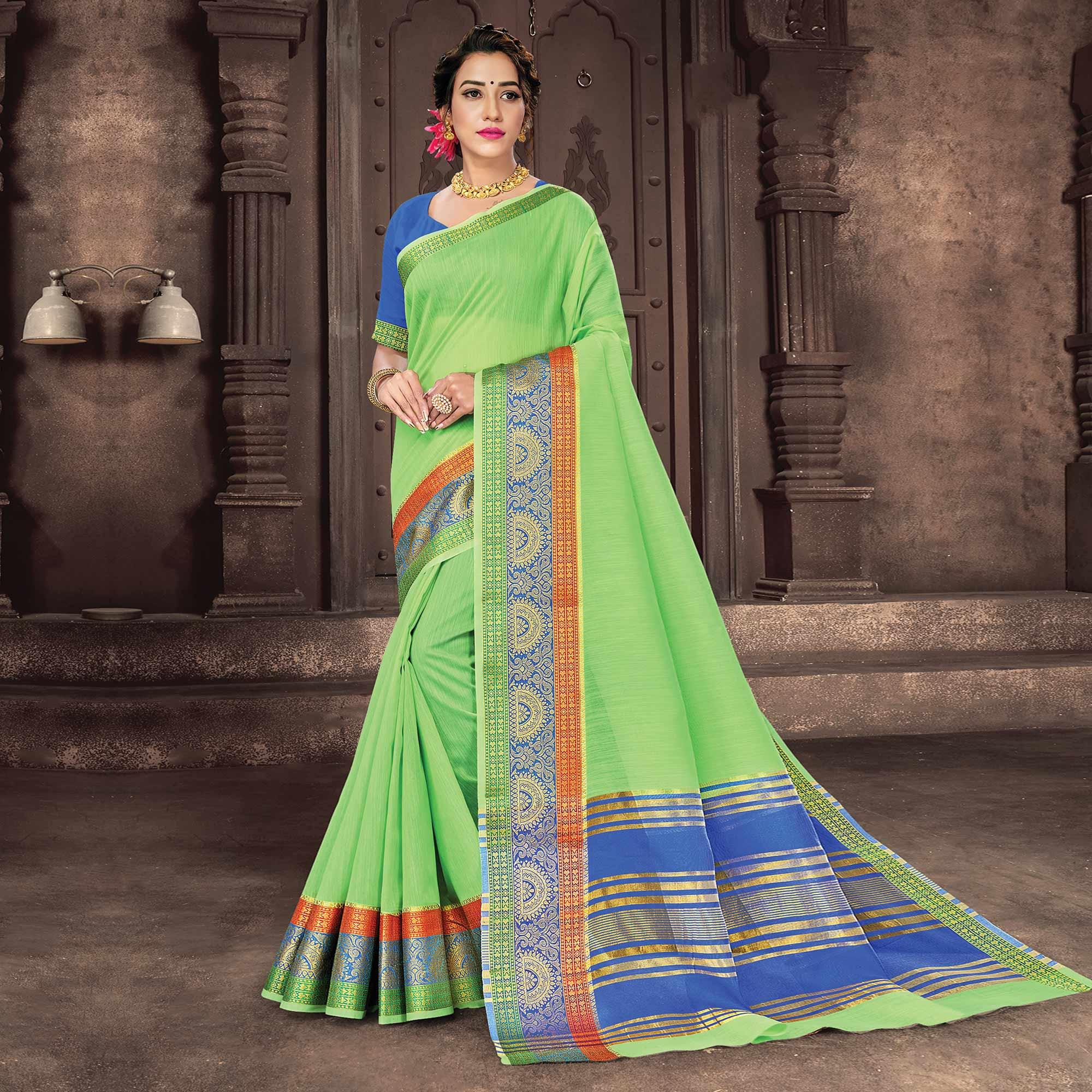 Pista Green Festive Wear Woven Cotton Handloom Saree - Peachmode