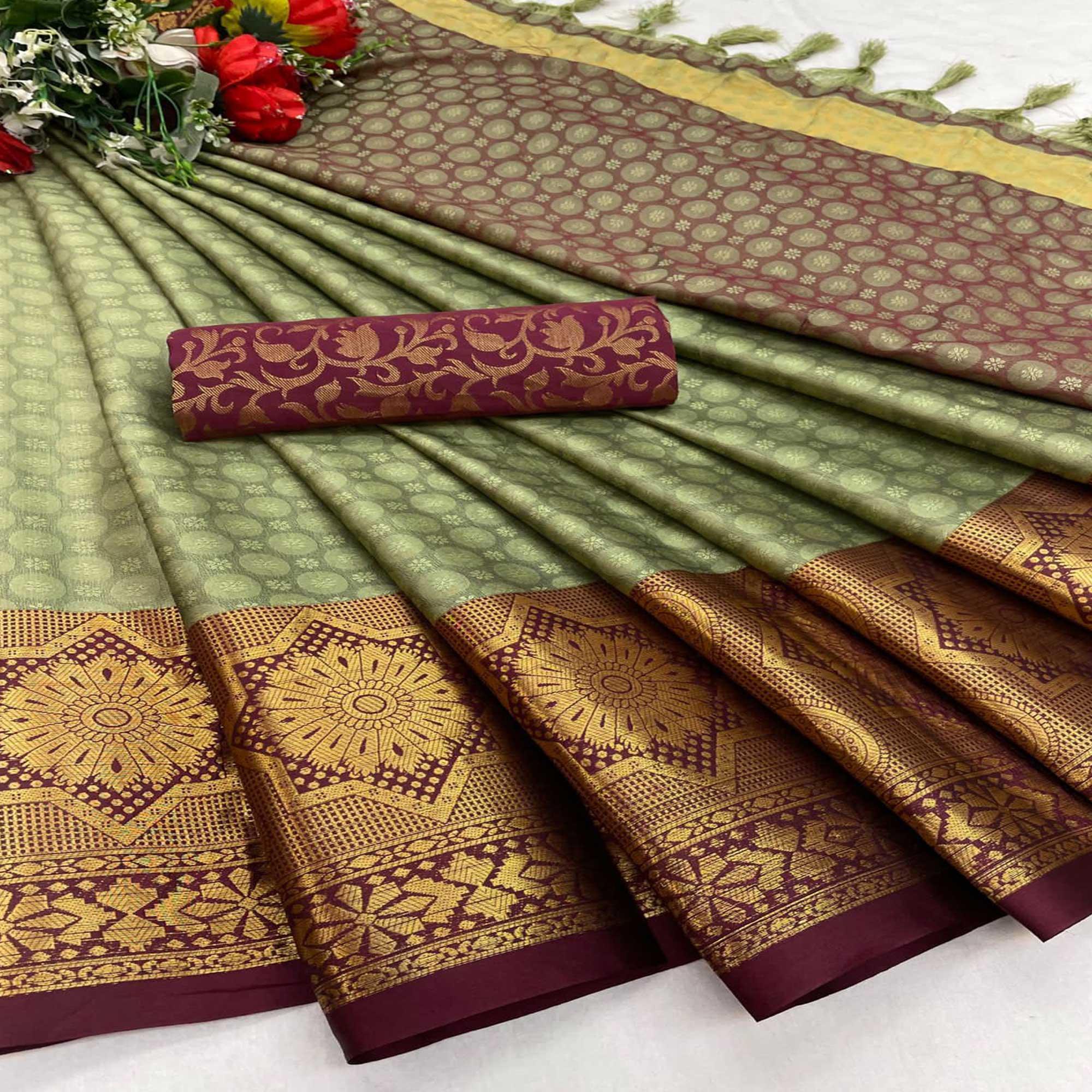 Pista Green Festive Wear Woven Cotton Silk Saree - Peachmode