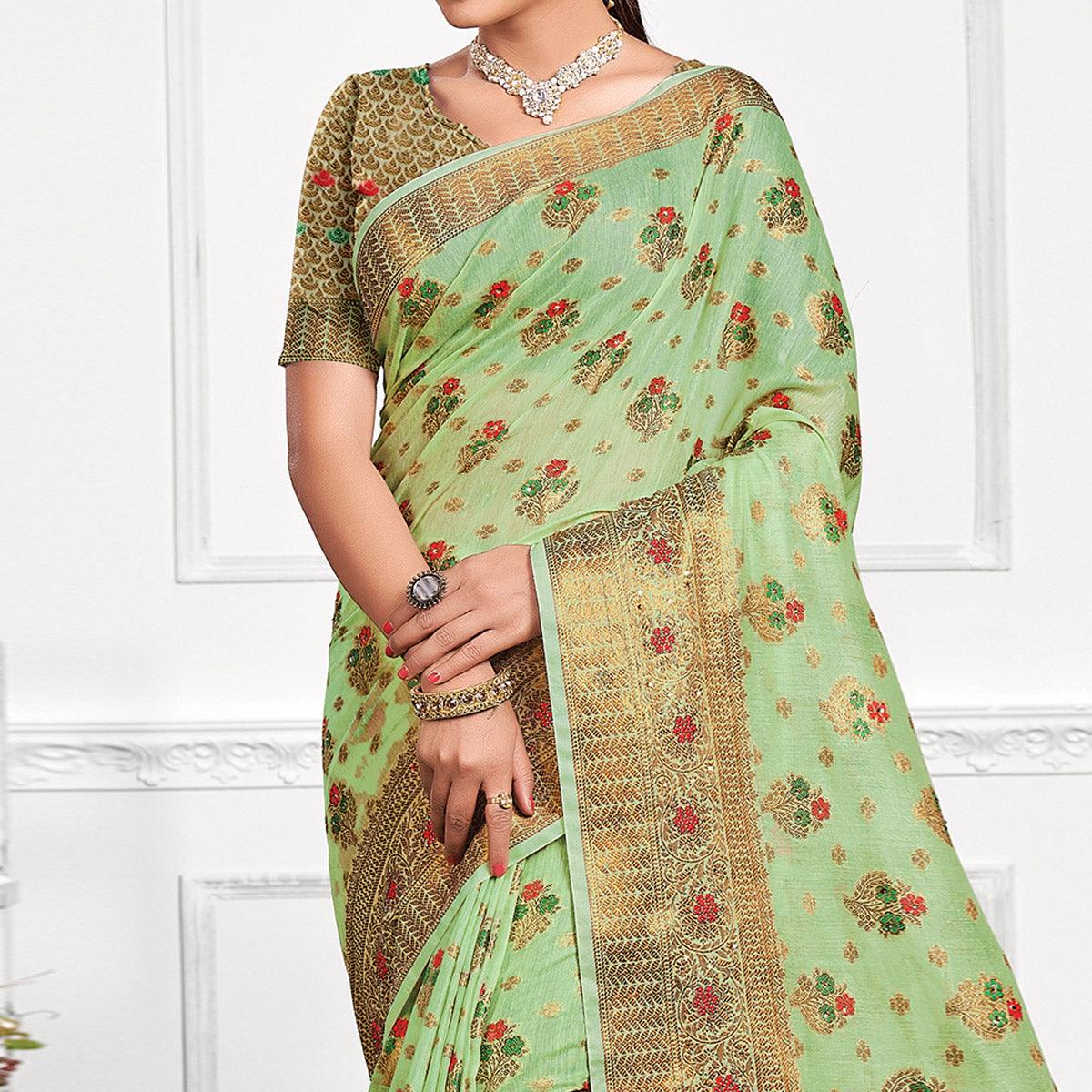 Pista Green Festive Wear Woven-Embellished Cotton Saree - Peachmode