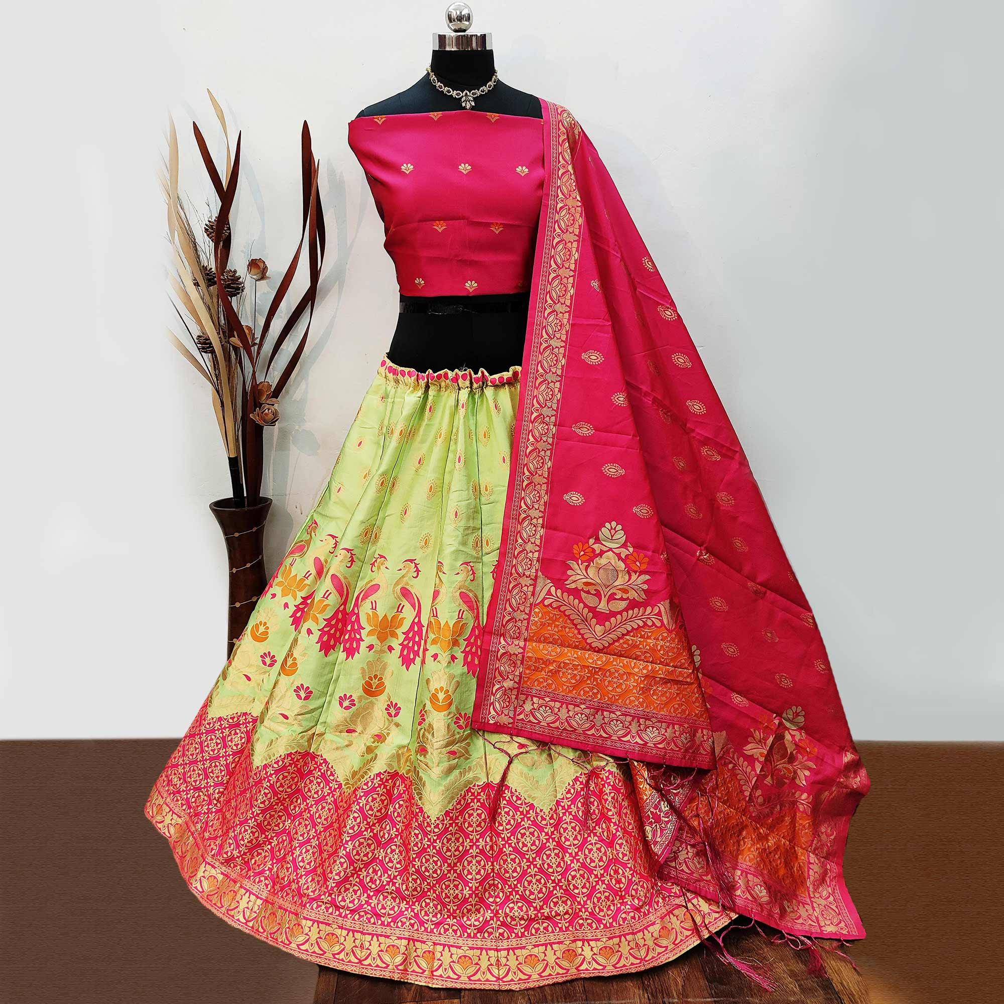 Pista Green Festive Wear Woven Heavy Brocade Lehenga Choli - Peachmode