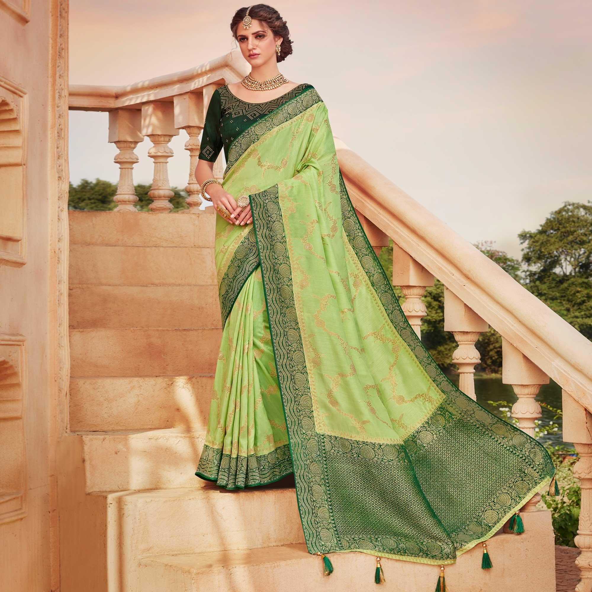 Pista Green Festive Wear Woven Silk Saree - Peachmode