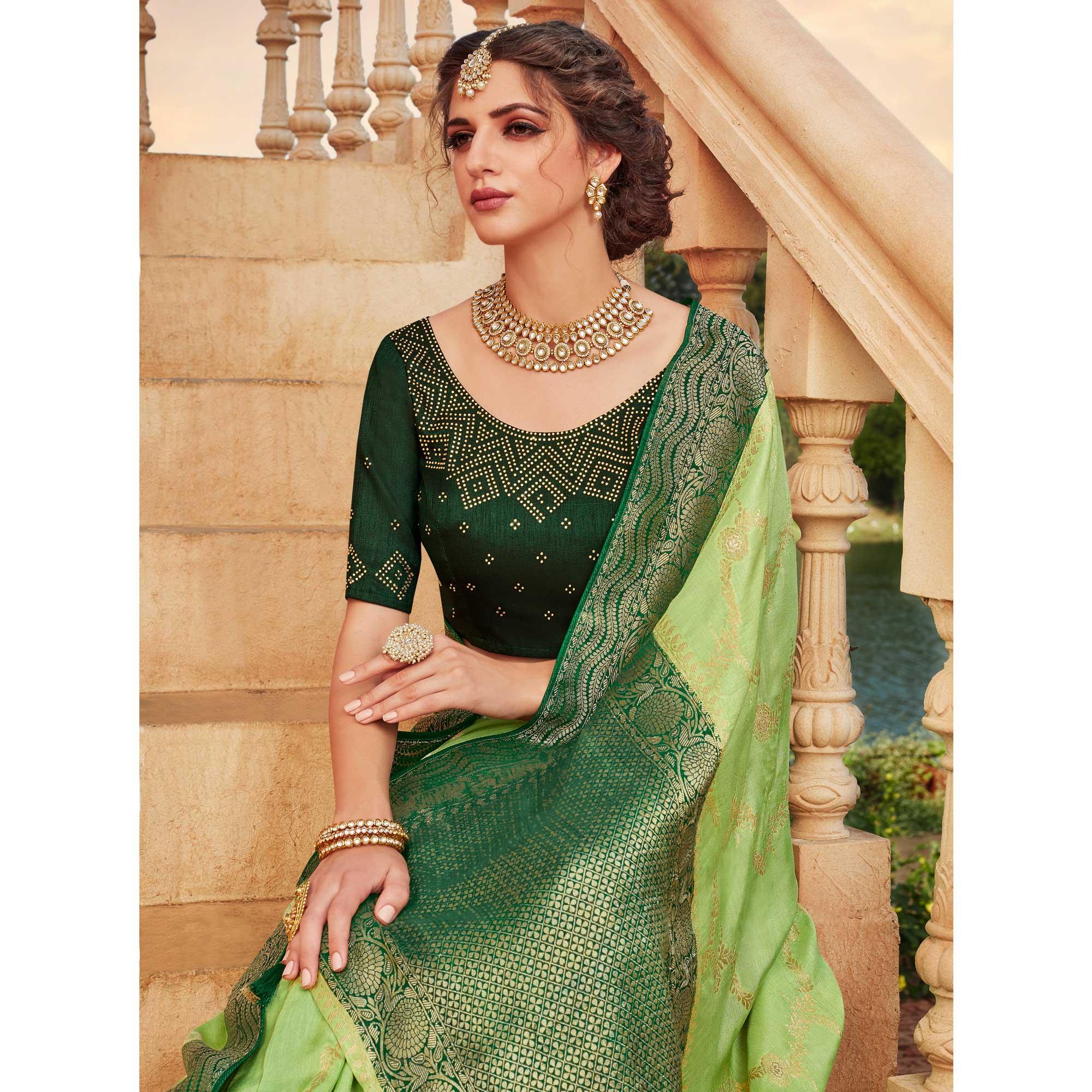 Pista Green Festive Wear Woven Silk Saree - Peachmode
