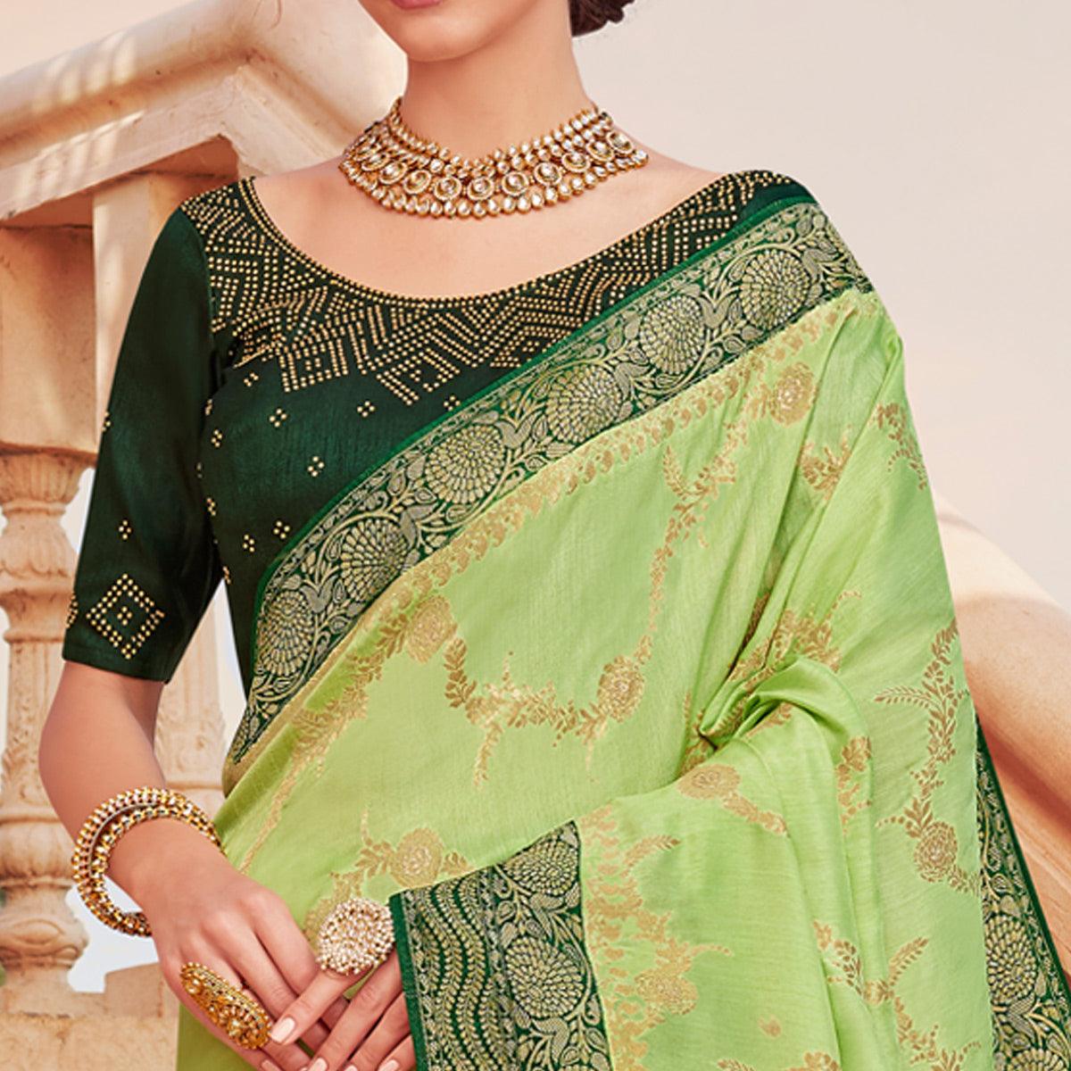 Pista Green Festive Wear Woven Silk Saree - Peachmode