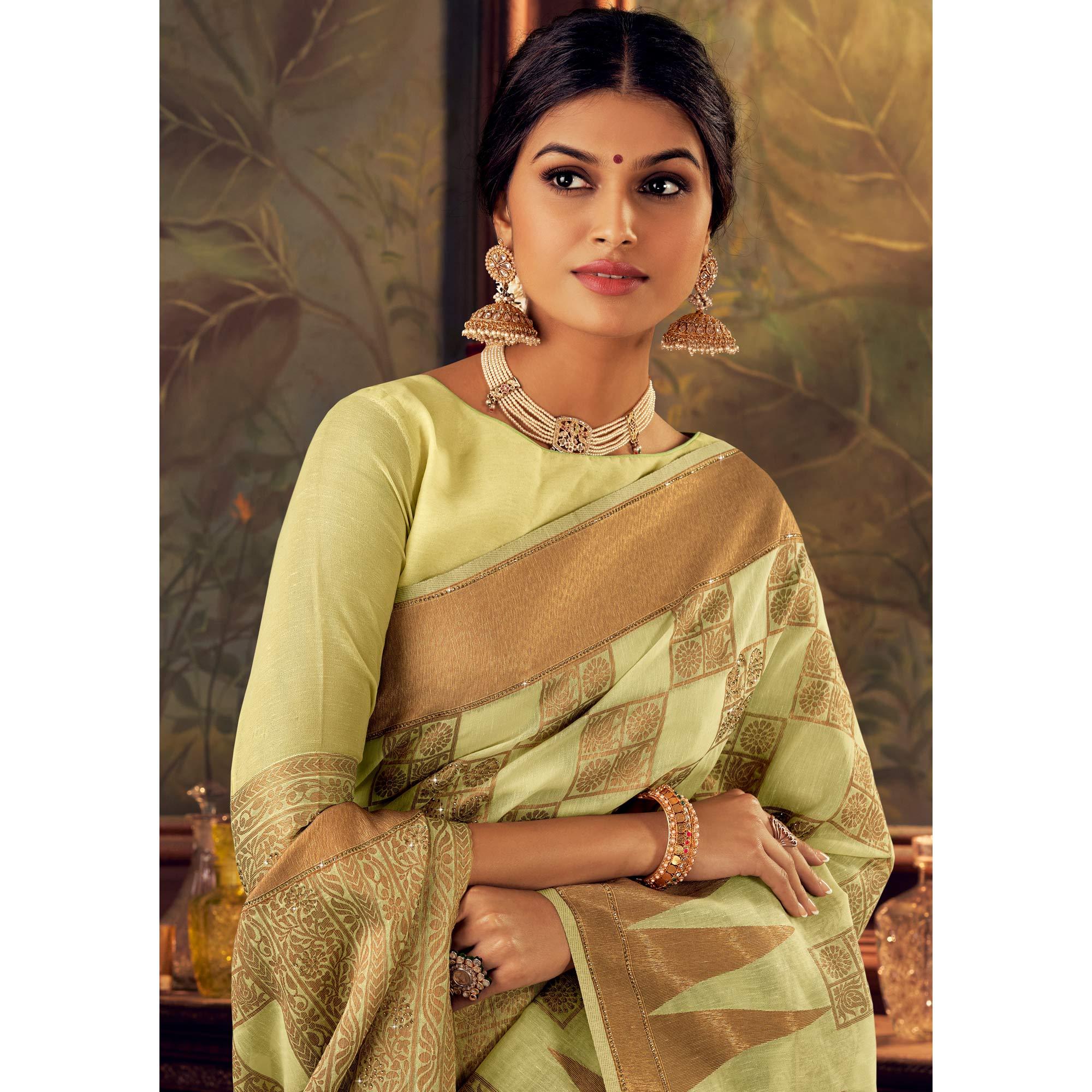 Pista Green Festive Wear Woven Silk Saree - Peachmode