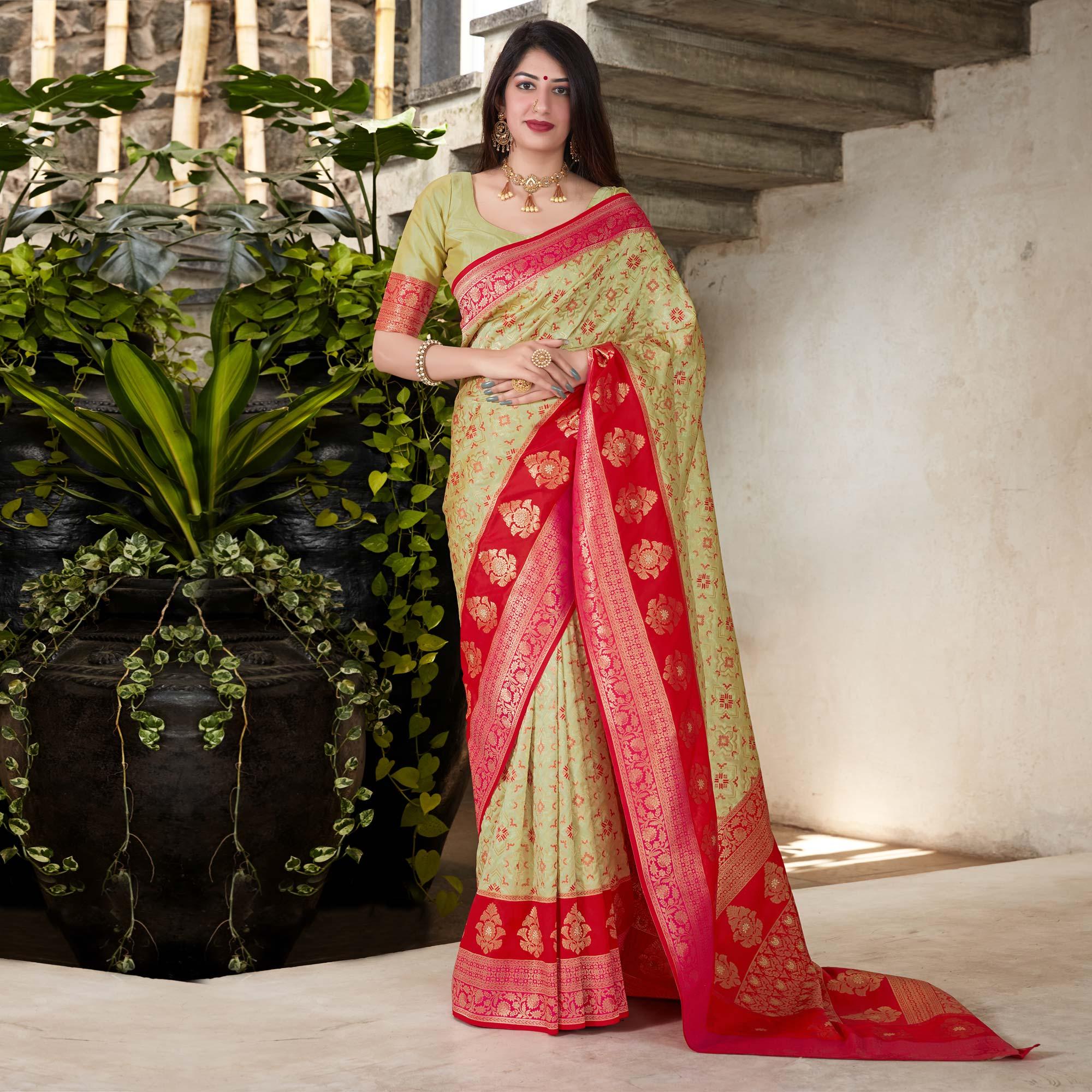 Pista Green Festive Wear Woven Soft Banarasi Silk Saree - Peachmode