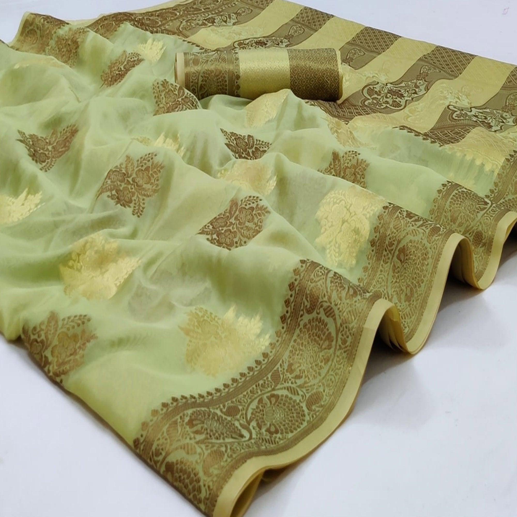 Pista Green Festive Wear Woven Soft Organza Saree - Peachmode