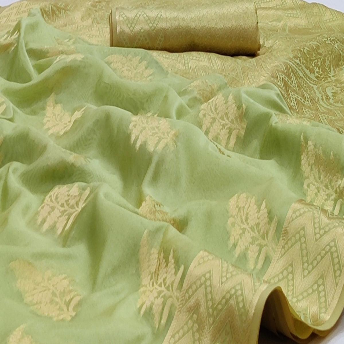 Pista Green Festive Wear Woven Soft Organza Saree - Peachmode