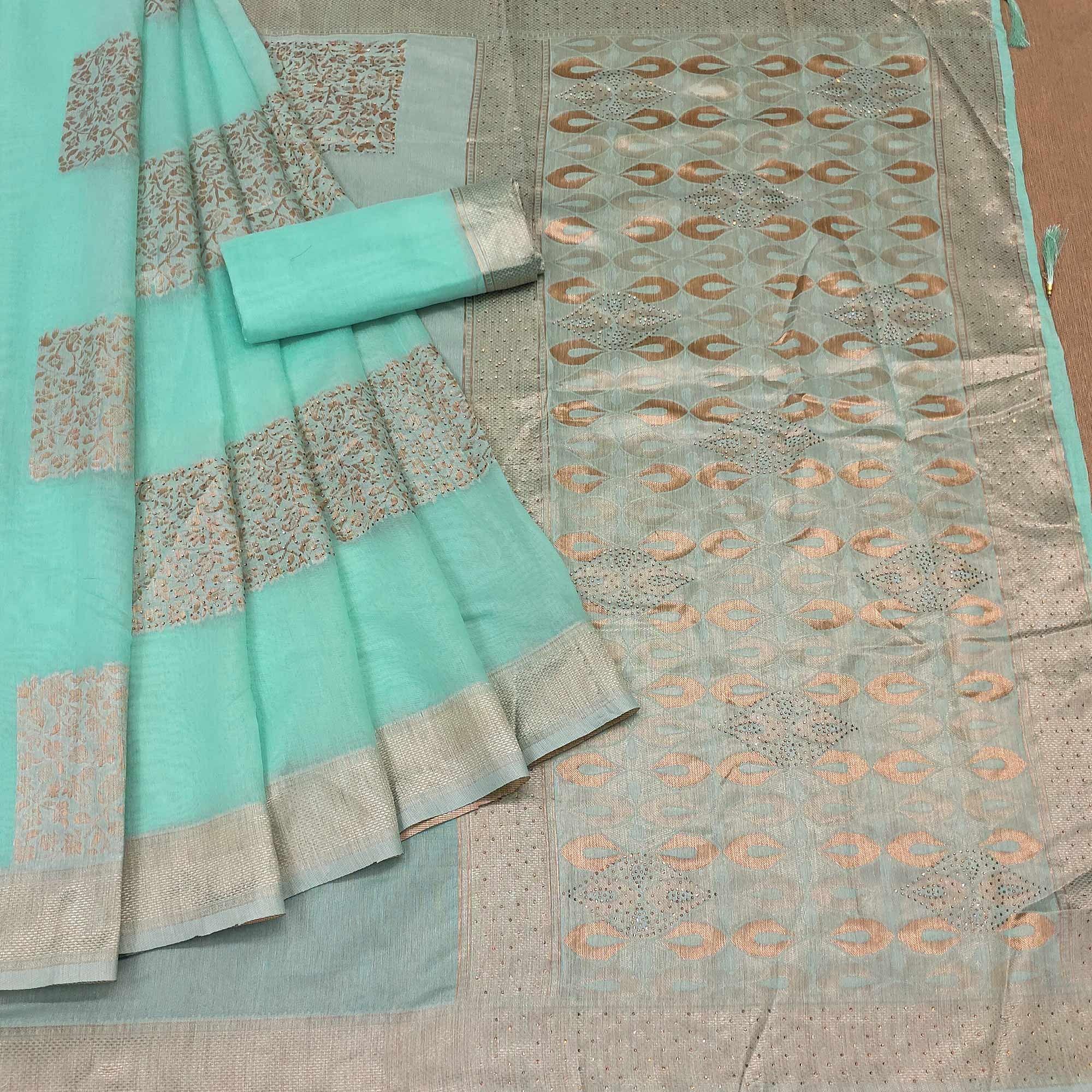 Pista Green Festive Wear Woven With Embellished Cotton Saree - Peachmode