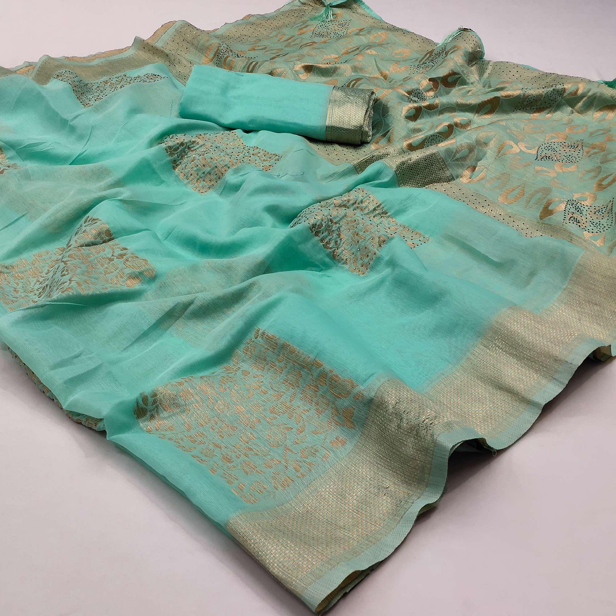 Pista Green Festive Wear Woven With Embellished Cotton Saree - Peachmode