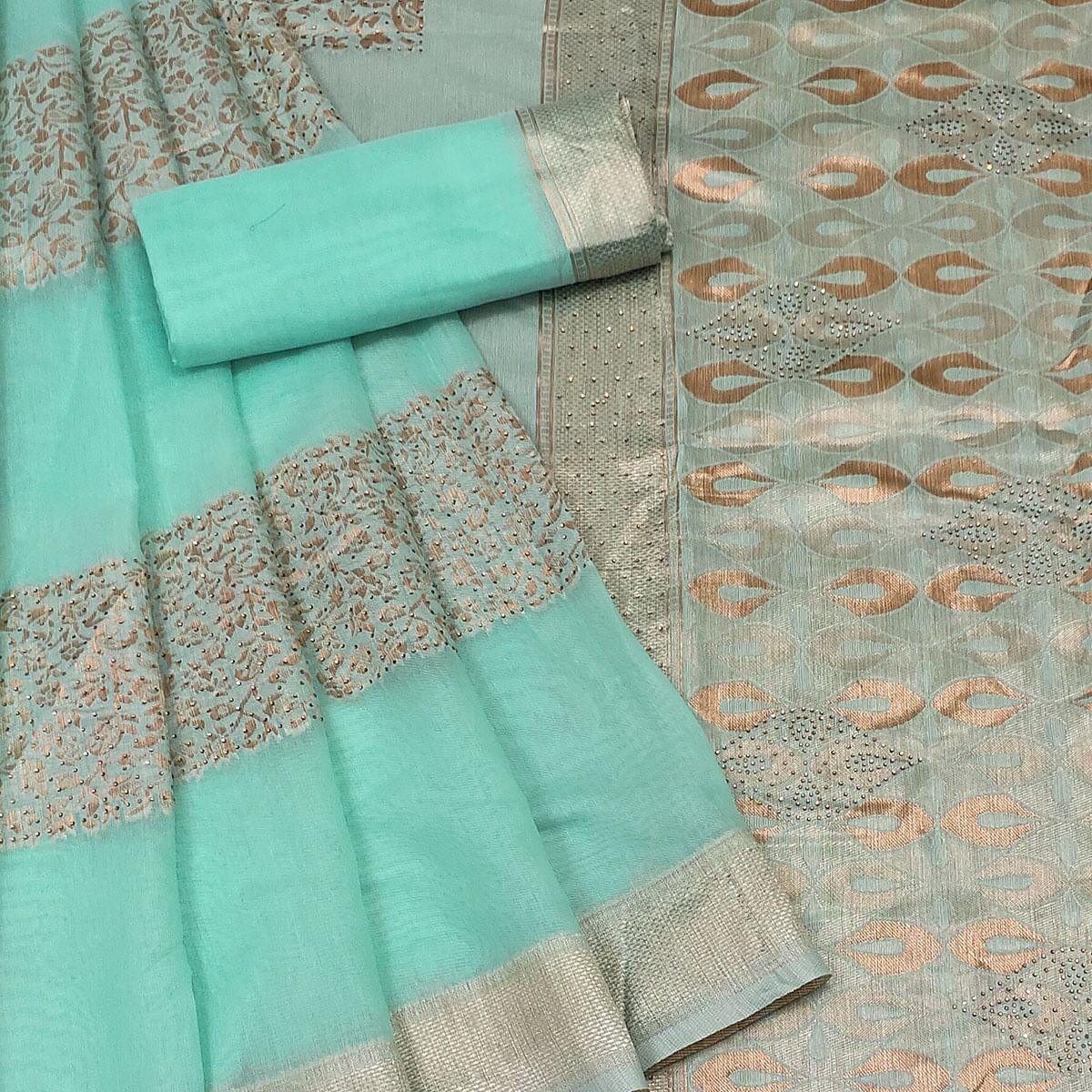Pista Green Festive Wear Woven With Embellished Cotton Saree - Peachmode