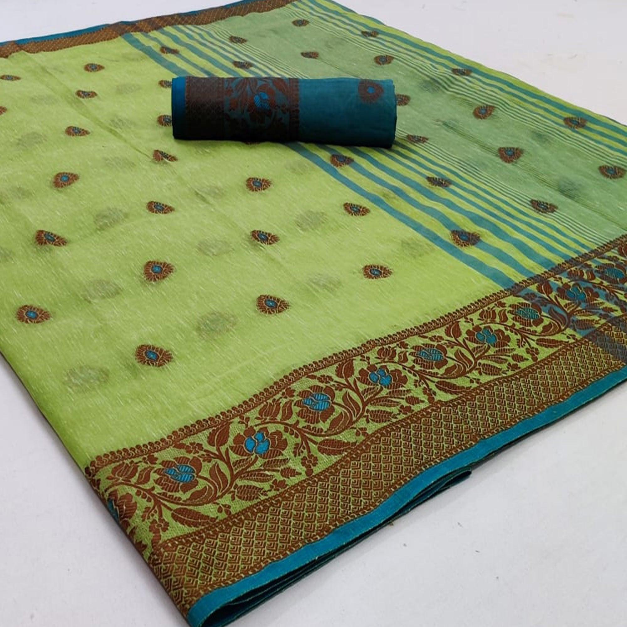 Pista Green Festive Wear Zari Butta Woven Heavy Linen Saree - Peachmode