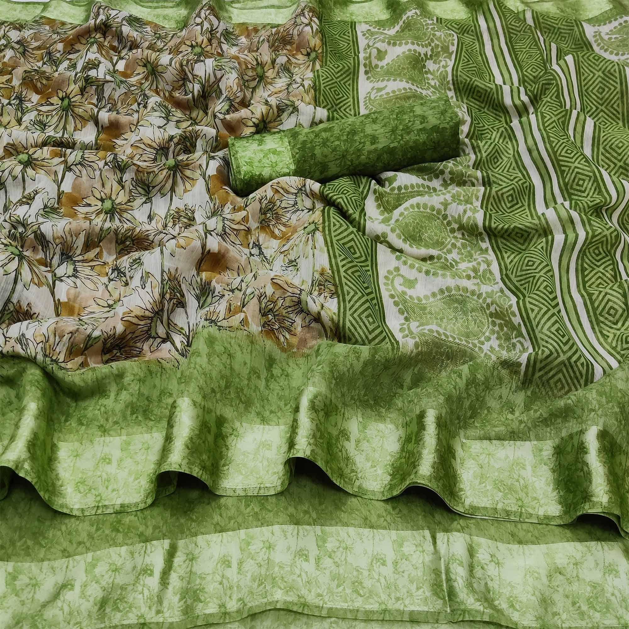 Pista Green Floral Digital Printed Linen Saree - Peachmode