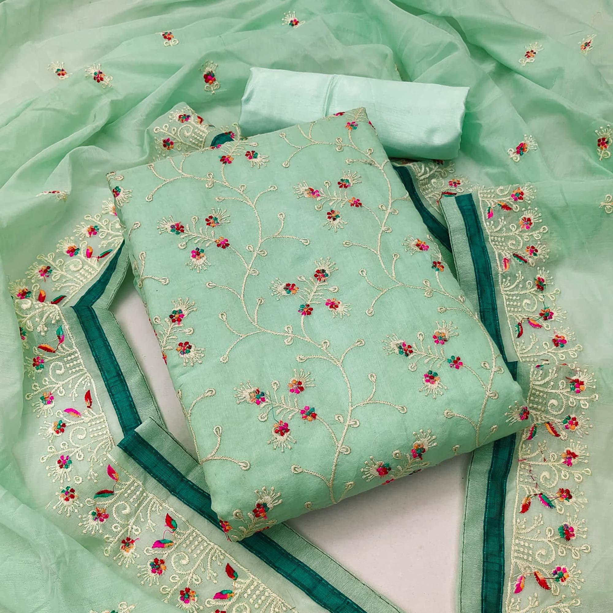 Pista Green Floral Embroidered Chanderi Dress Material - Peachmode