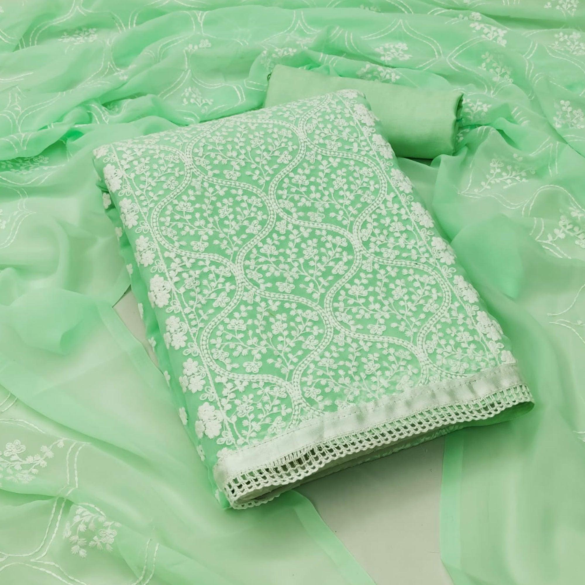 Pista Green Floral Embroidered Georgette Dress Material - Peachmode