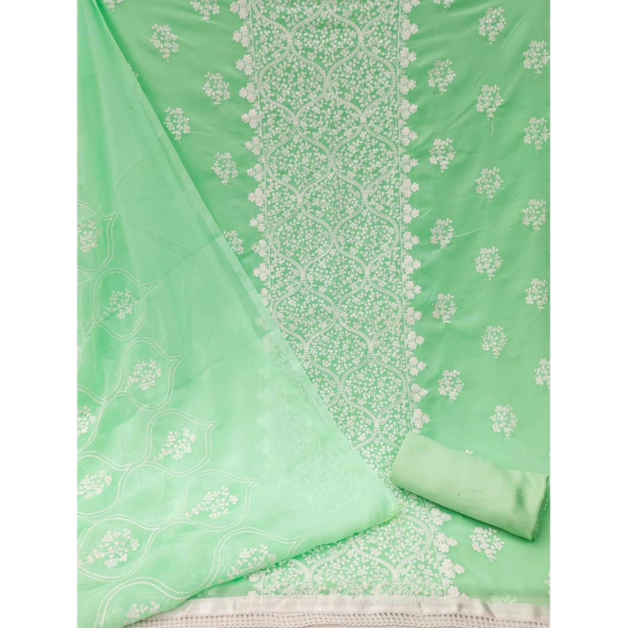 Pista Green Floral Embroidered Georgette Dress Material - Peachmode
