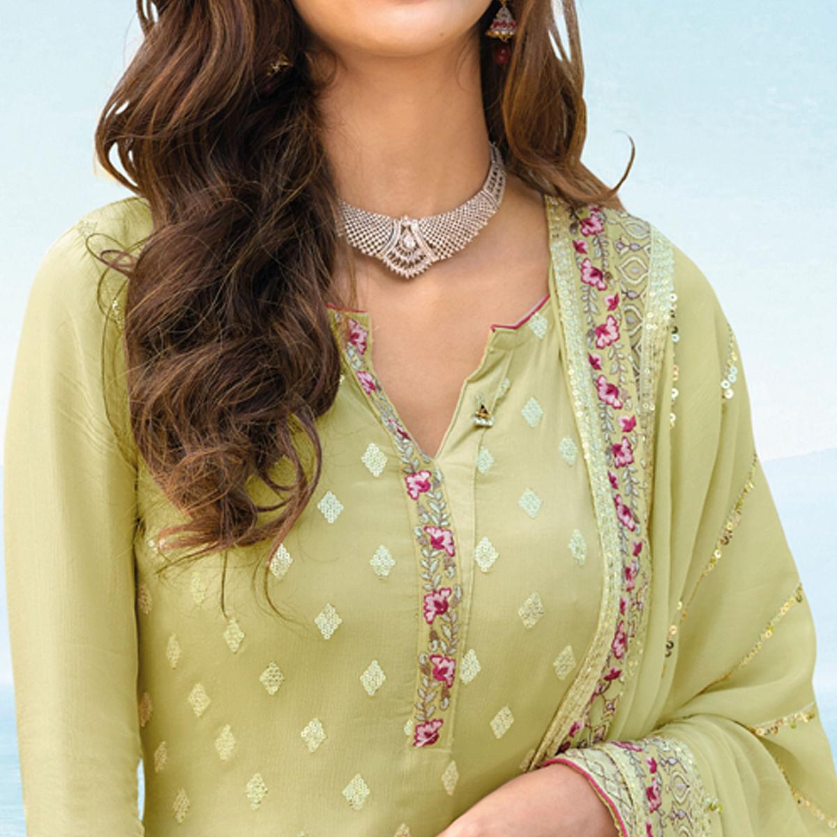Pista Green Floral Embroidered Georgette Partywear Suit - Peachmode