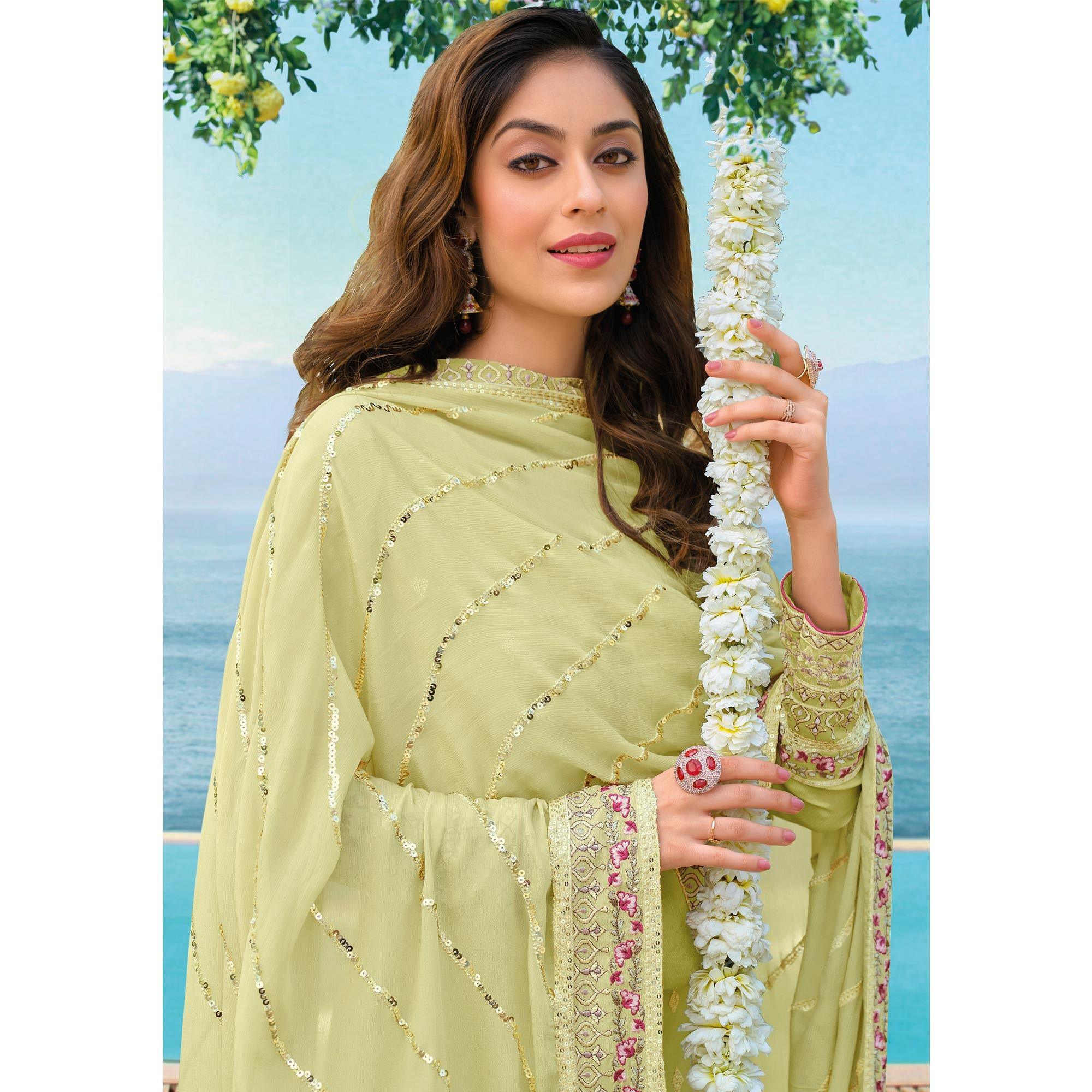 Pista Green Floral Embroidered Georgette Partywear Suit - Peachmode