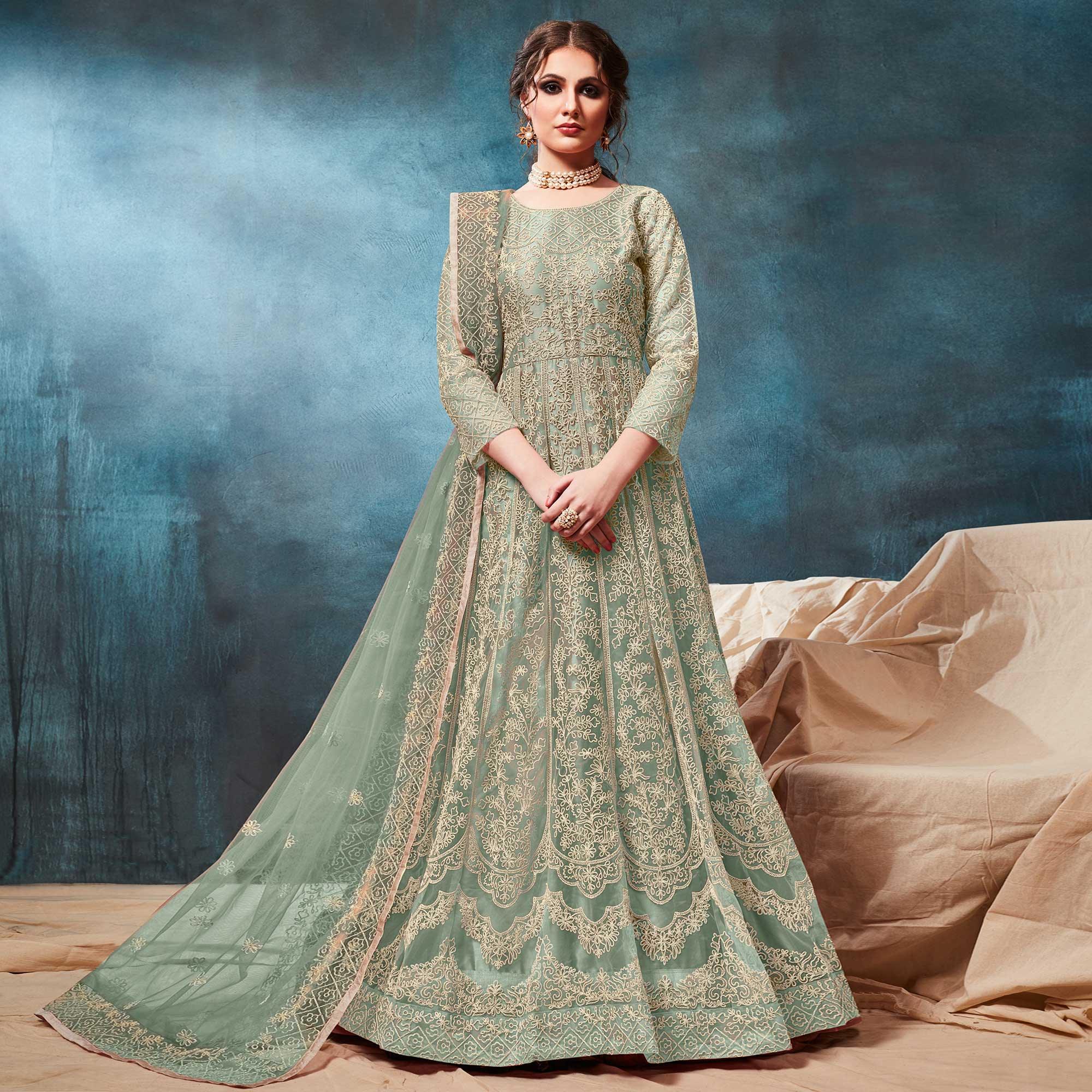 Pista Green Floral Embroidered Net Anarkali Style Gown - Peachmode