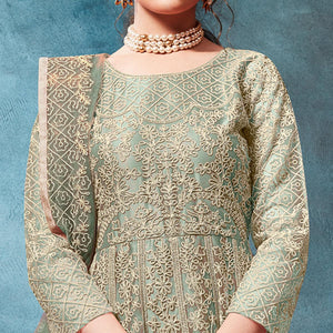 Pista Green Floral Embroidered Net Anarkali Style Gown - Peachmode