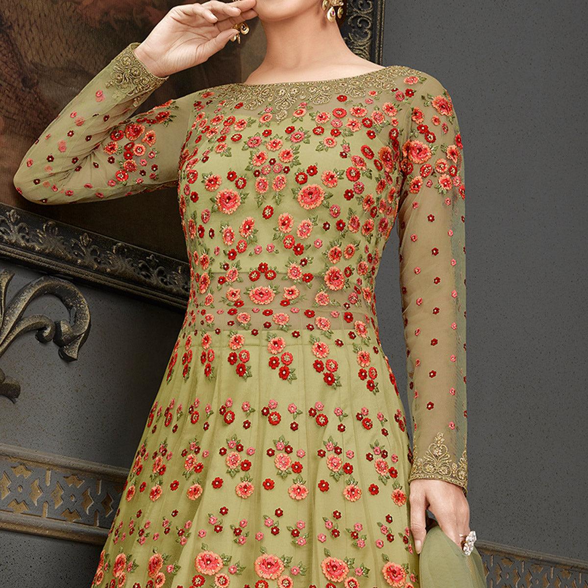 Pista Green Floral Embroidered With Handwork Soft Net Partywear Gown - Peachmode