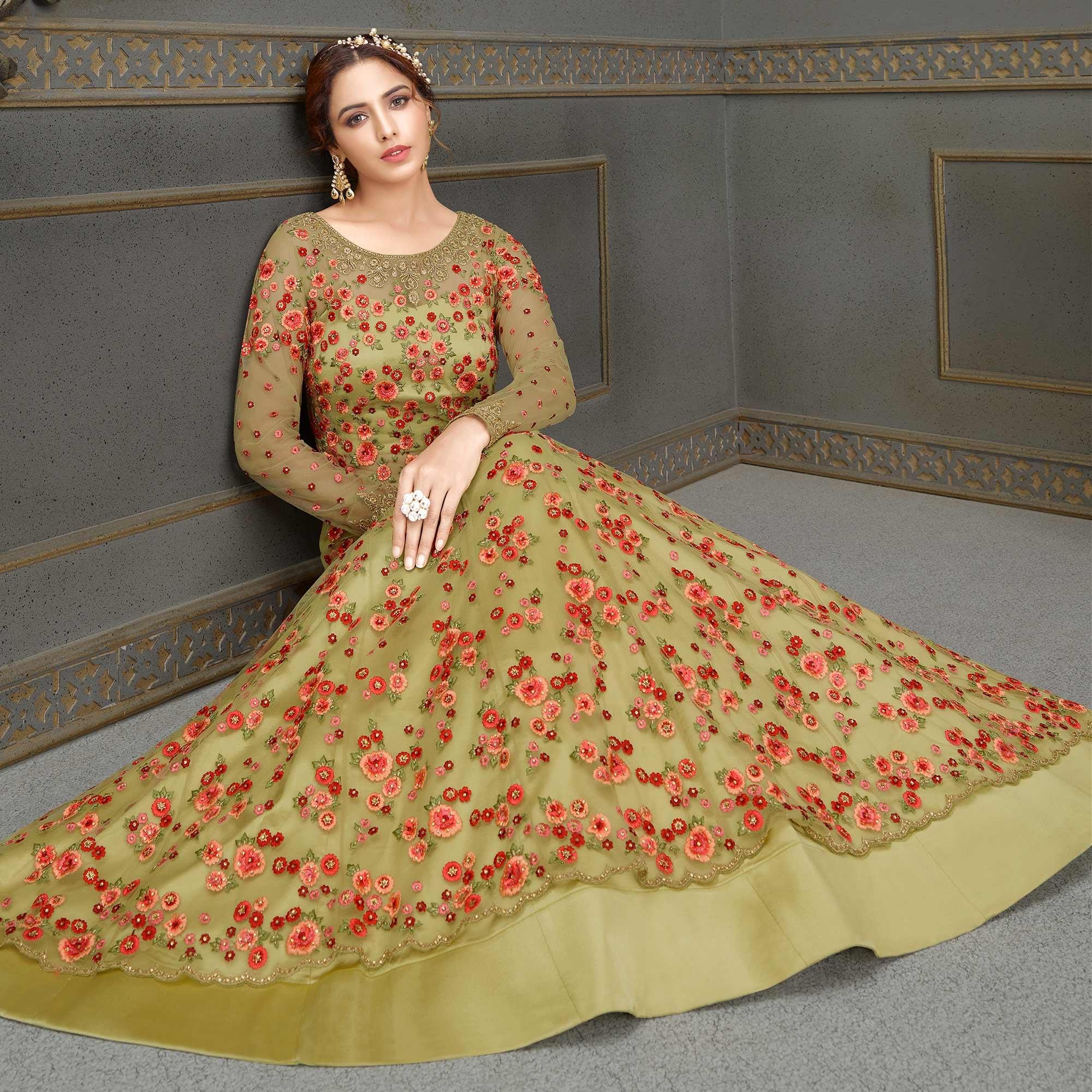 Pista Green Floral Embroidered With Handwork Soft Net Partywear Gown - Peachmode