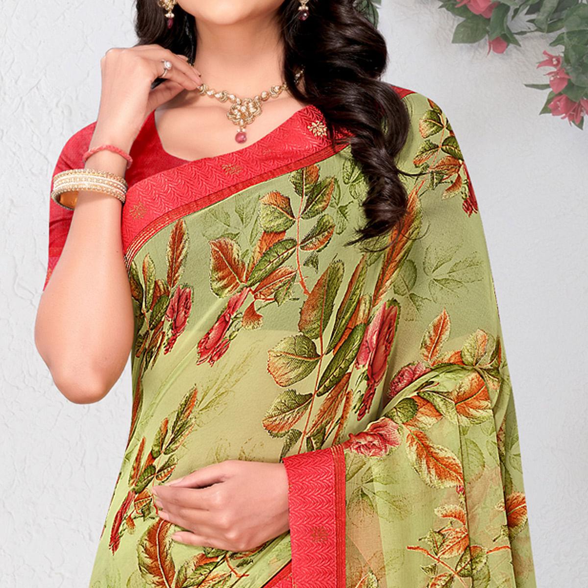 Pista Green Floral Printed Brasso Saree - Peachmode