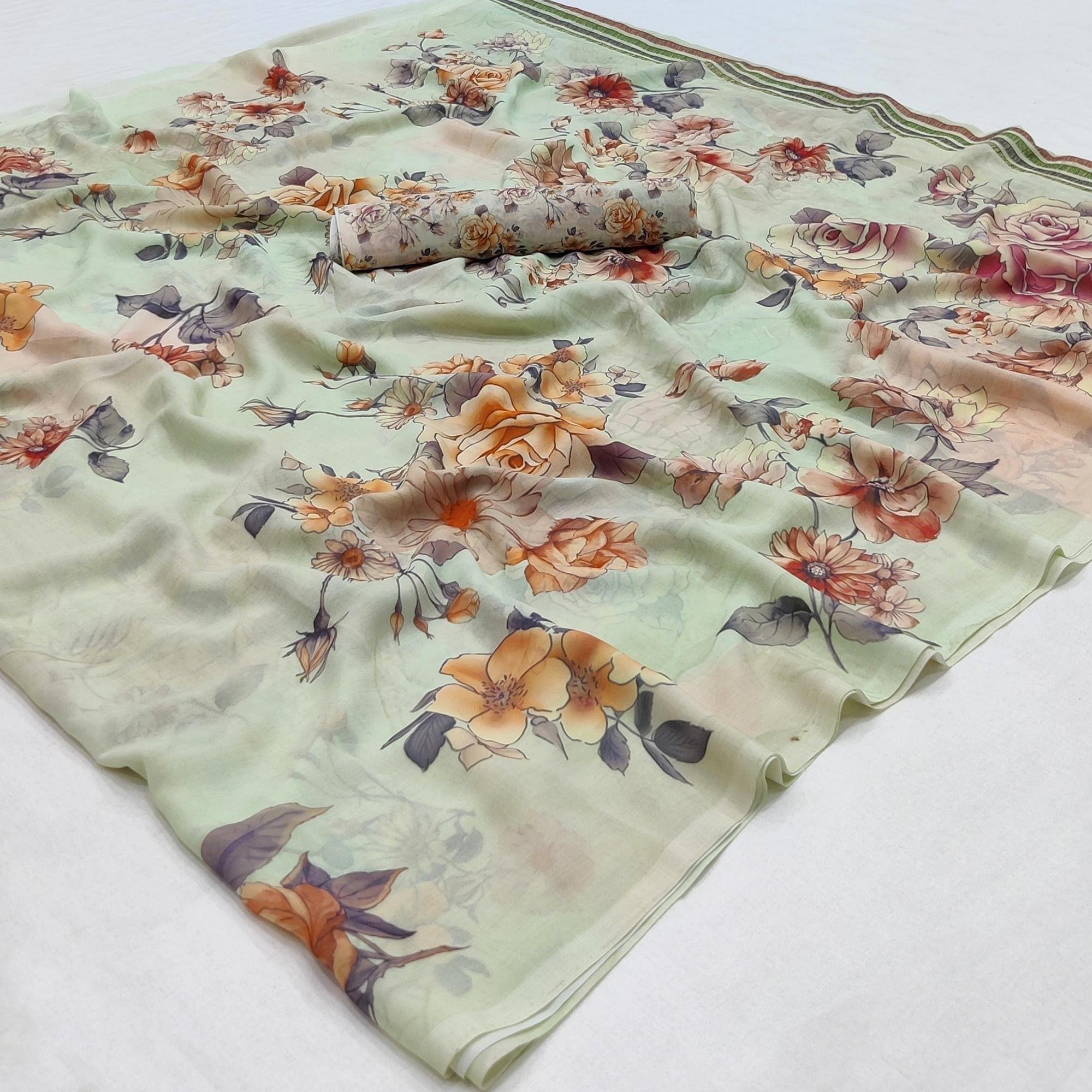 Pista Green Floral Printed Georgette Saree - Peachmode