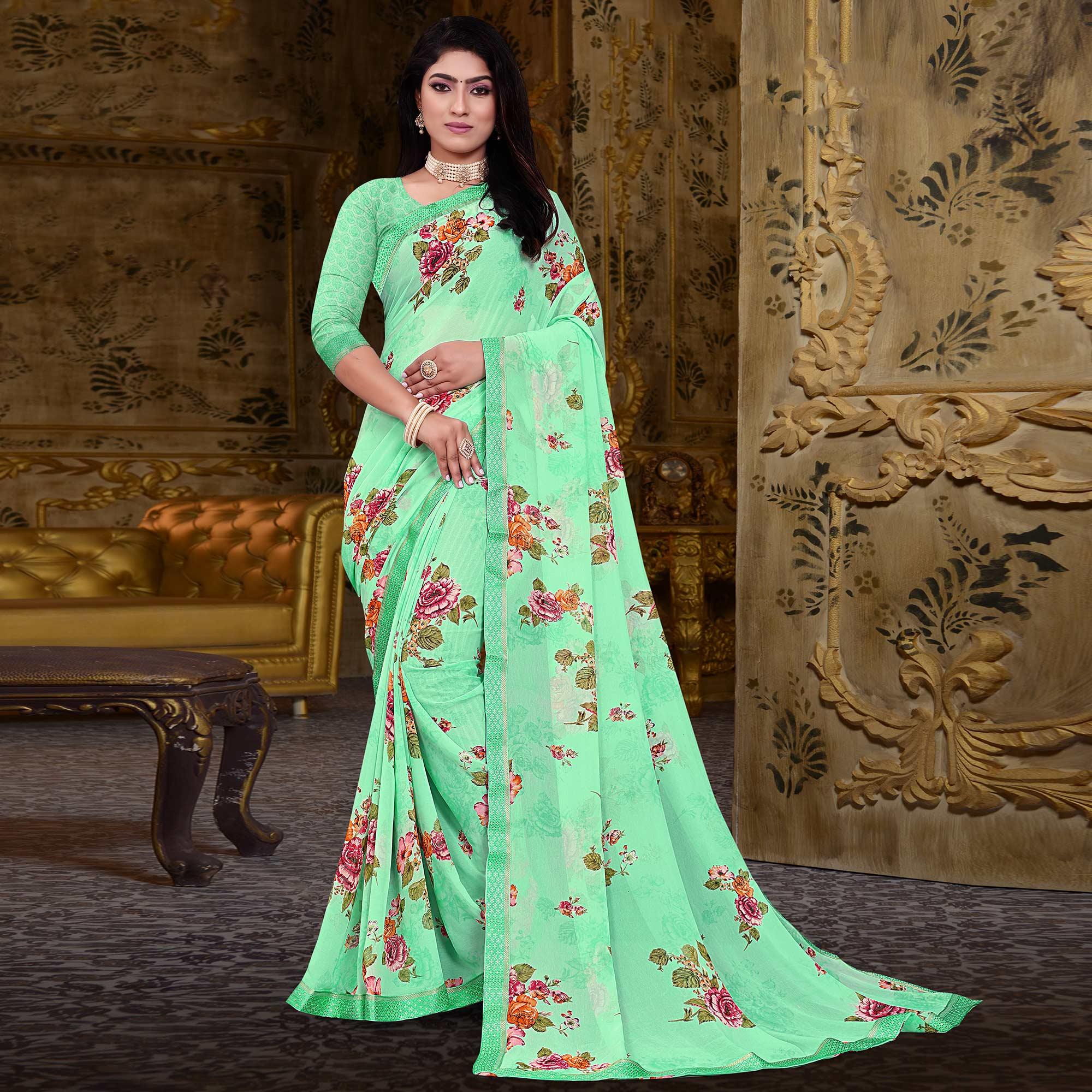 Pista-Green Floral Printed Georgette Saree - Peachmode