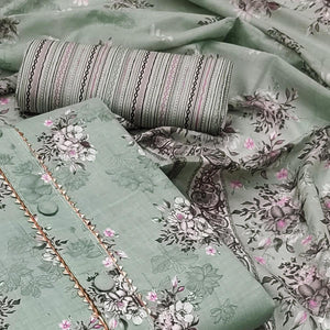 Pista Green Floral Printed Pure Cotton Dress Material - Peachmode