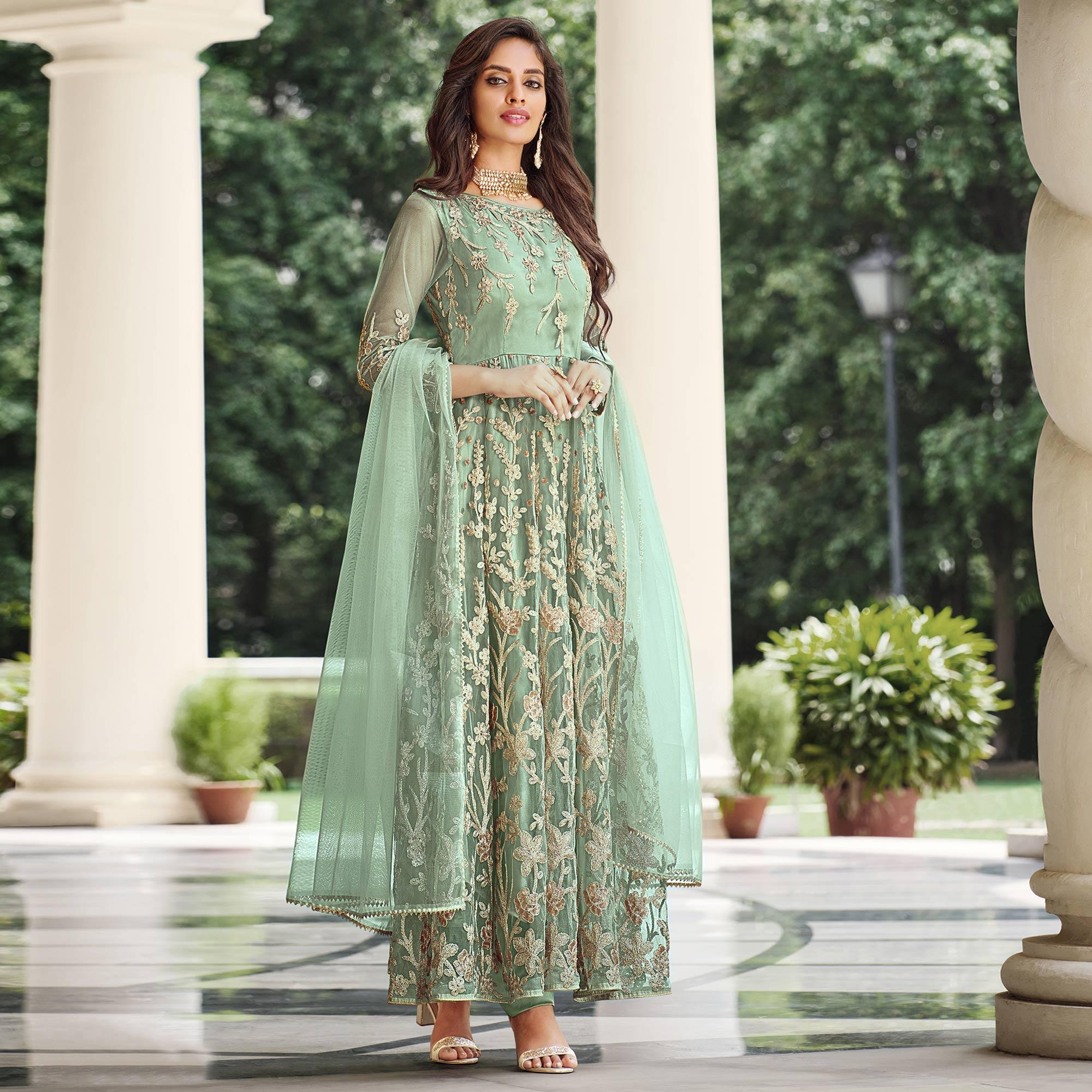 Pista Green Floral Sequence Embroidered Net Anarkali Suit - Peachmode