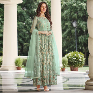 Pista Green Floral Sequence Embroidered Net Anarkali Suit - Peachmode