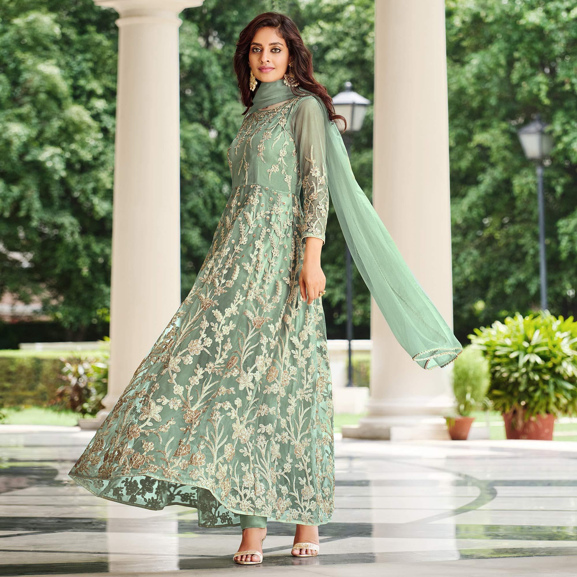 Pista Green Floral Sequence Embroidered Net Anarkali Suit - Peachmode
