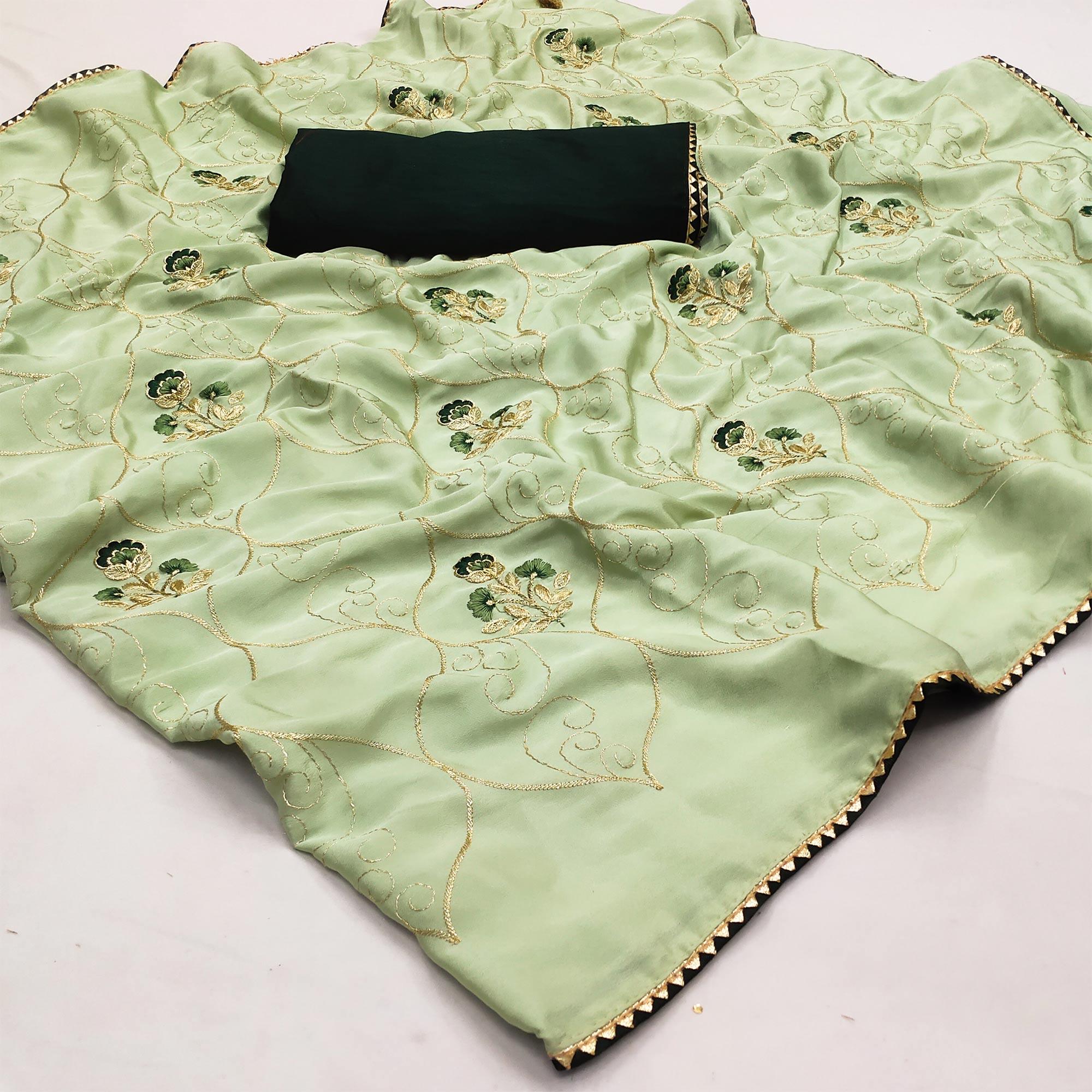 Pista Green Floral Zari Embroidered Silk Saree - Peachmode