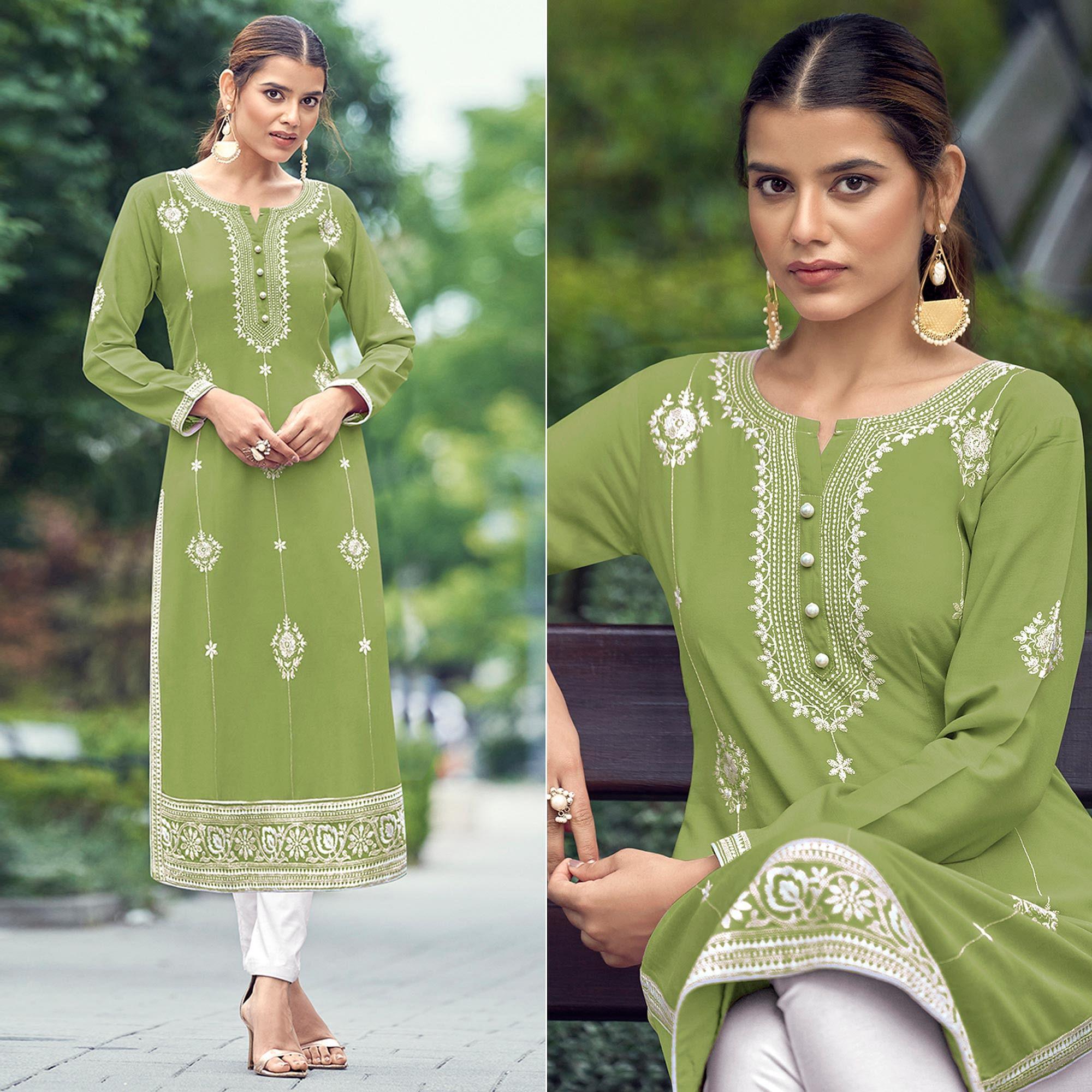 Pista Green Lakhnawi Work Rayon Kurti - Peachmode