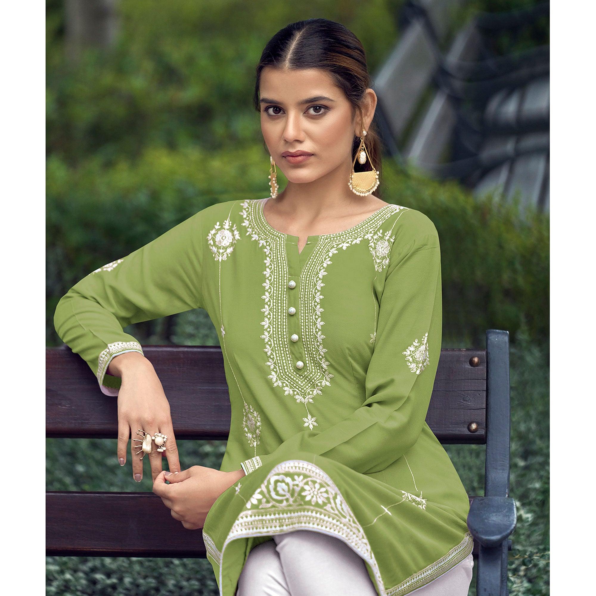 Pista Green Lakhnawi Work Rayon Kurti - Peachmode