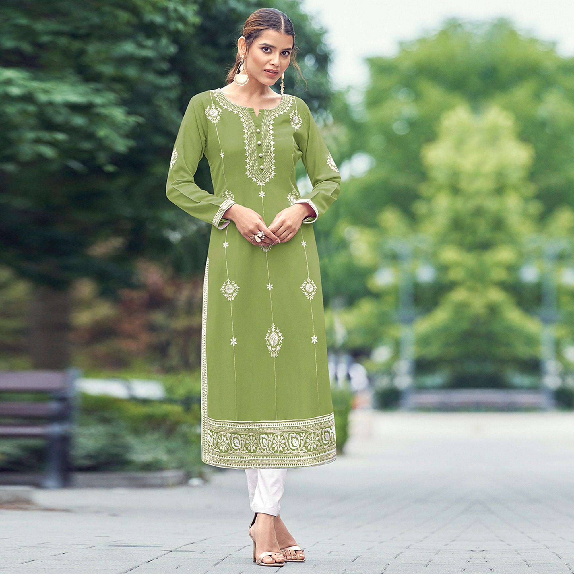 Pista Green Lakhnawi Work Rayon Kurti - Peachmode