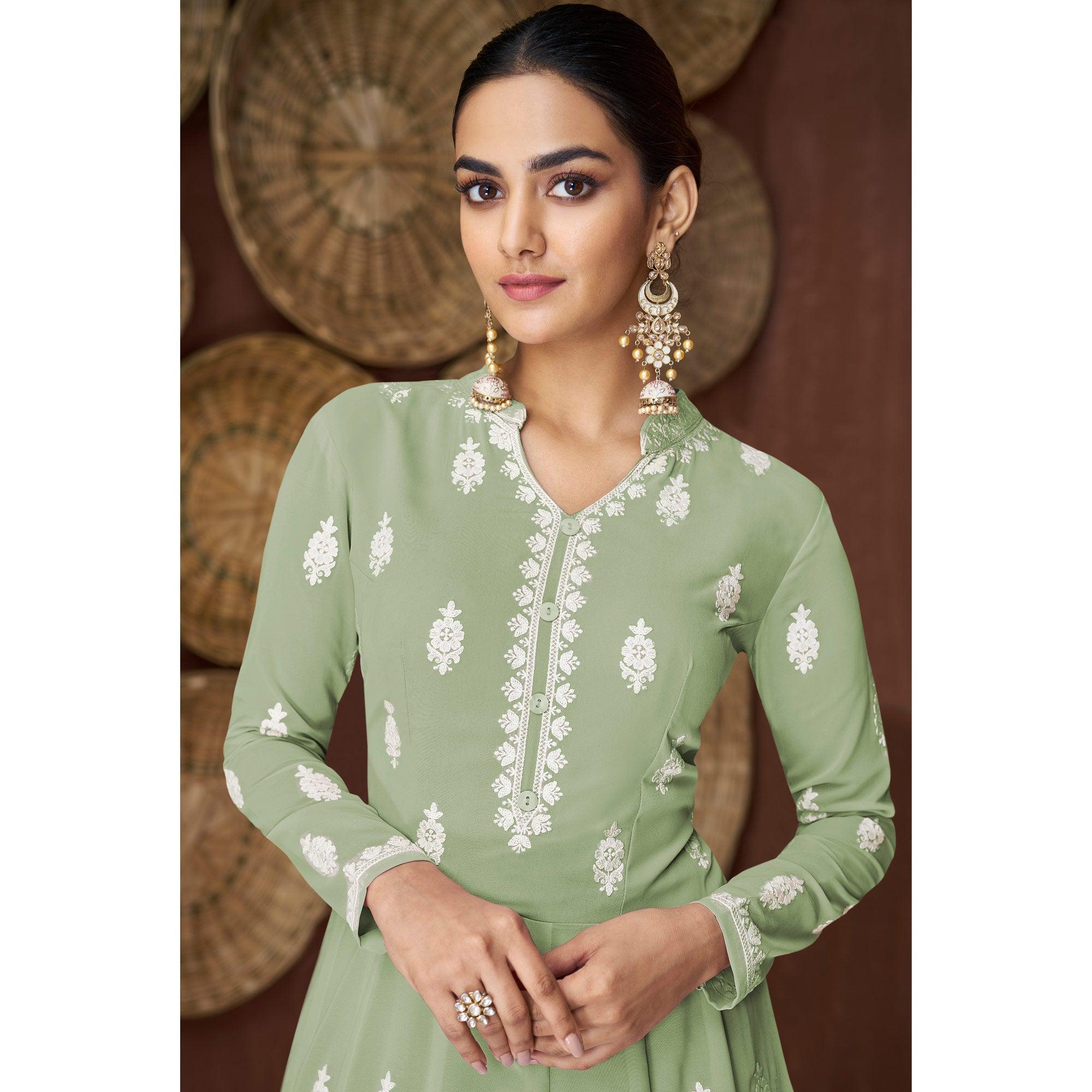 Pista Green Lucknowi Embroidered Georgette Gown - Peachmode
