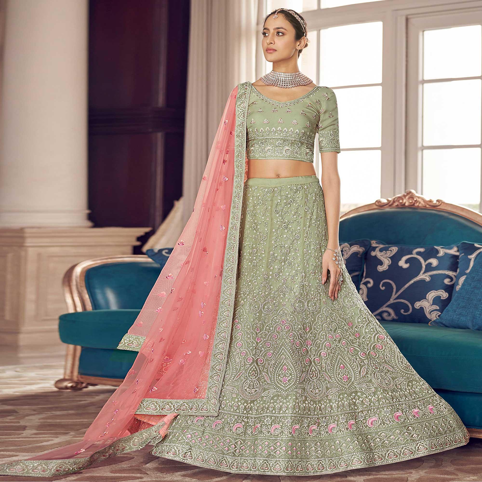 Pista Green Party Wear Embroidered Organza Lehenga Choli - Peachmode