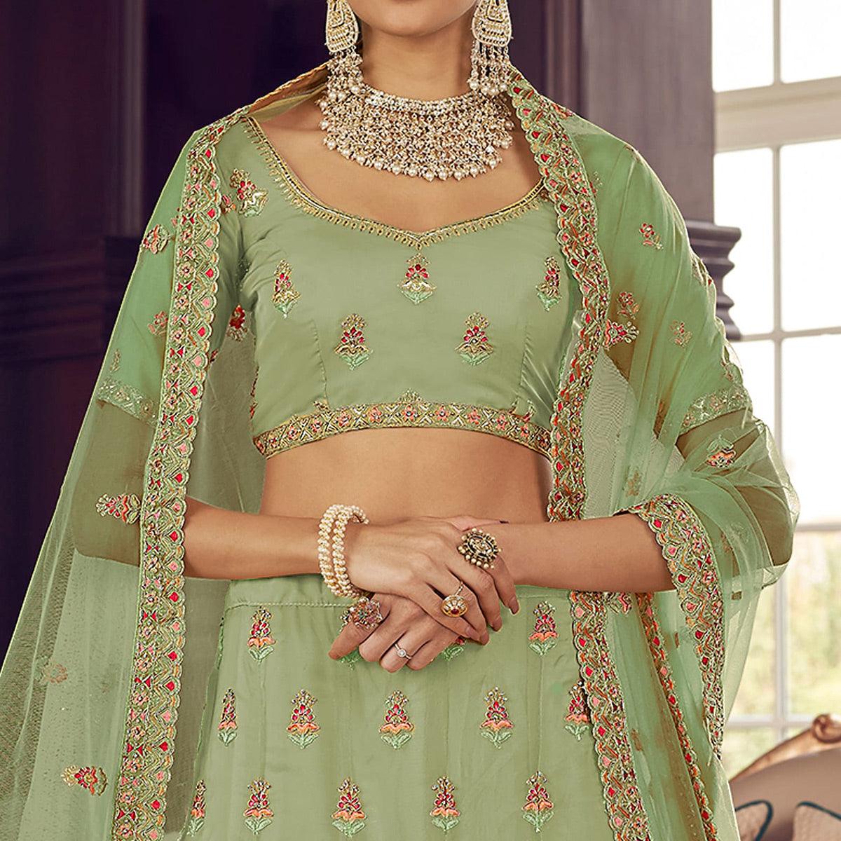 Pista Green Party Wear Embroidered Organza Lehenga Choli - Peachmode