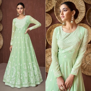 Pista Green Party Wear Heavy Embroidered Georgette Gown - Peachmode