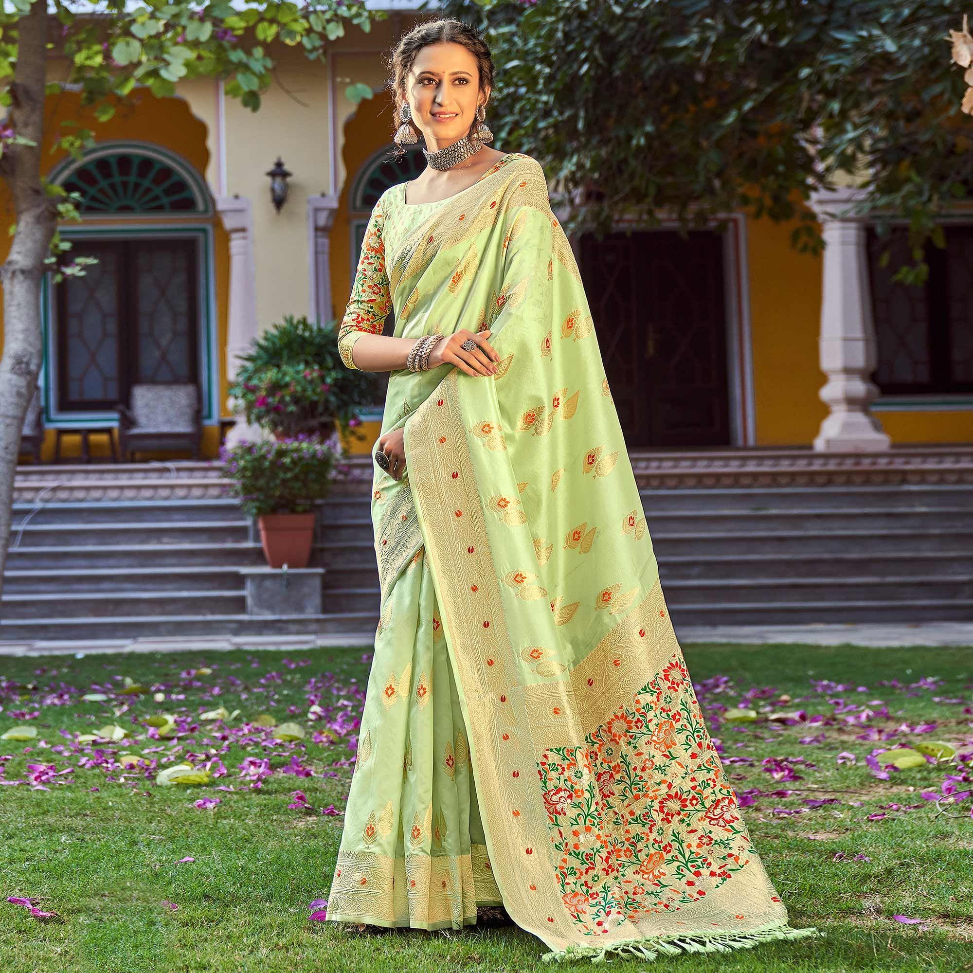 Pista Green Partywear Banarasi Woven Silk Saree with Kashmiri Pallu - Peachmode