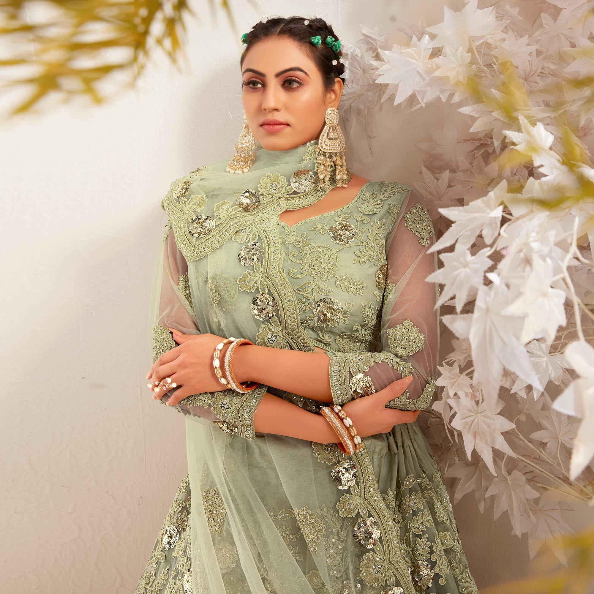 Pista Green Partywear Cording Embroidery With Embellished Net Lehenga Choli - Peachmode