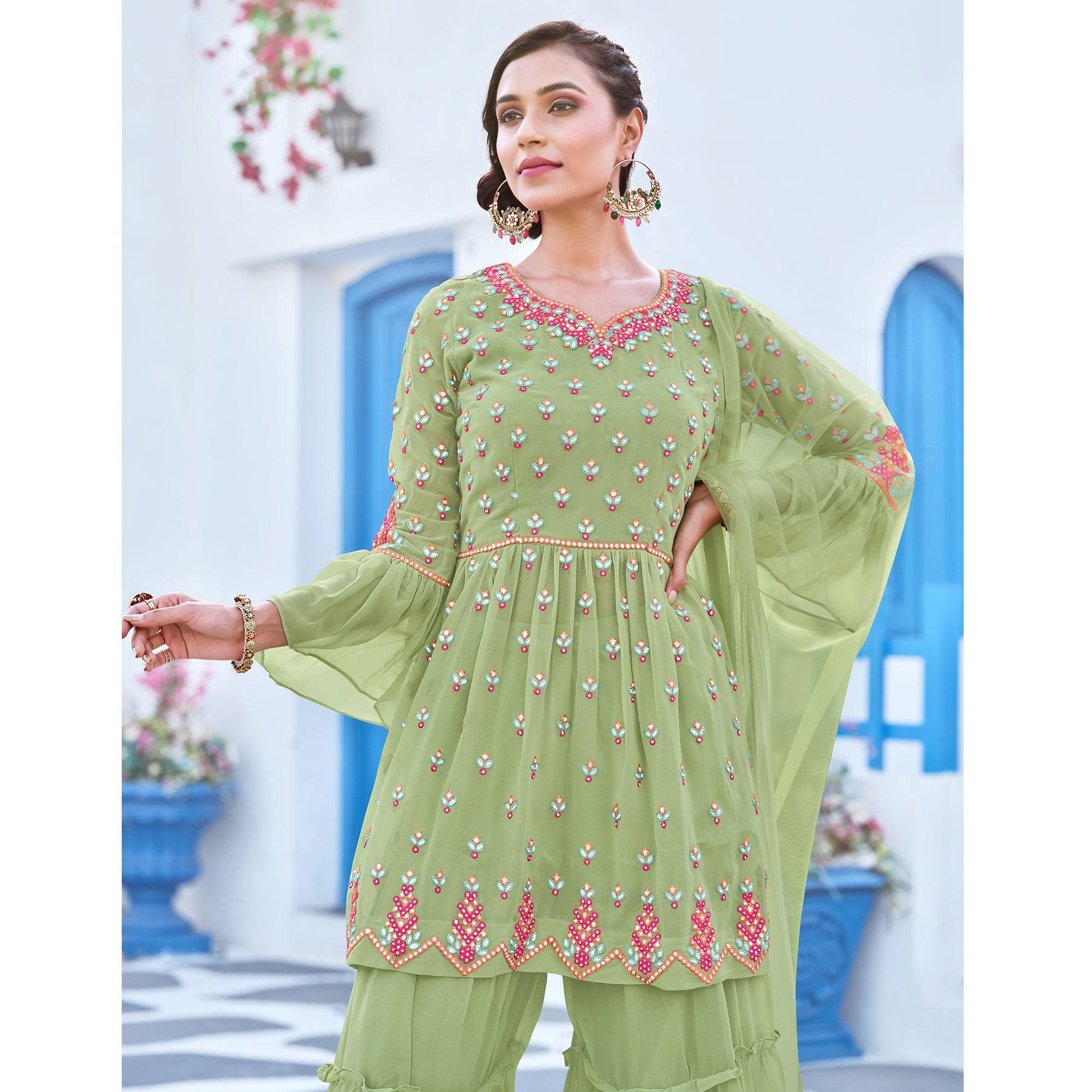 Pista Green Partywear Designer Embroidery Georgette Sharara Suit - Peachmode