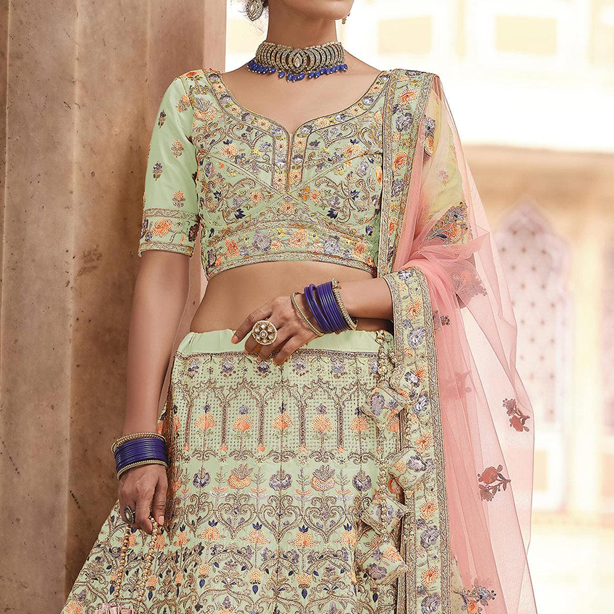 Pista Green Partywear Embellished & Sequence Art Silk Lehenga Choli - Peachmode